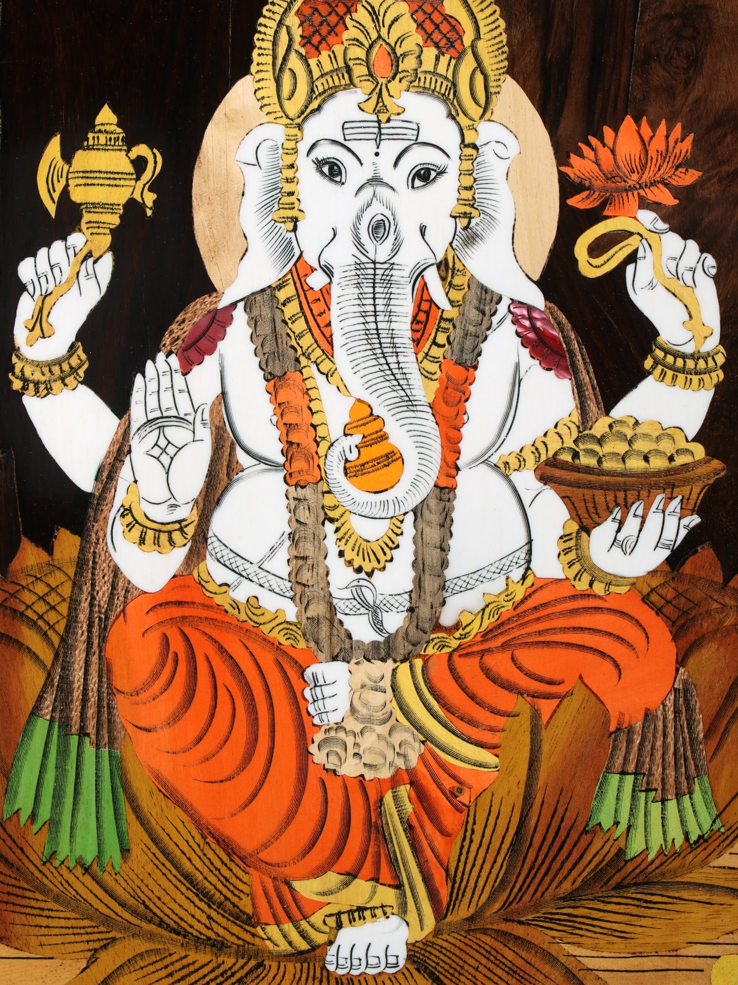 19" Lord Ganesha With Mushaka | Natural Color On Wood Panel With Inlay Work - 2