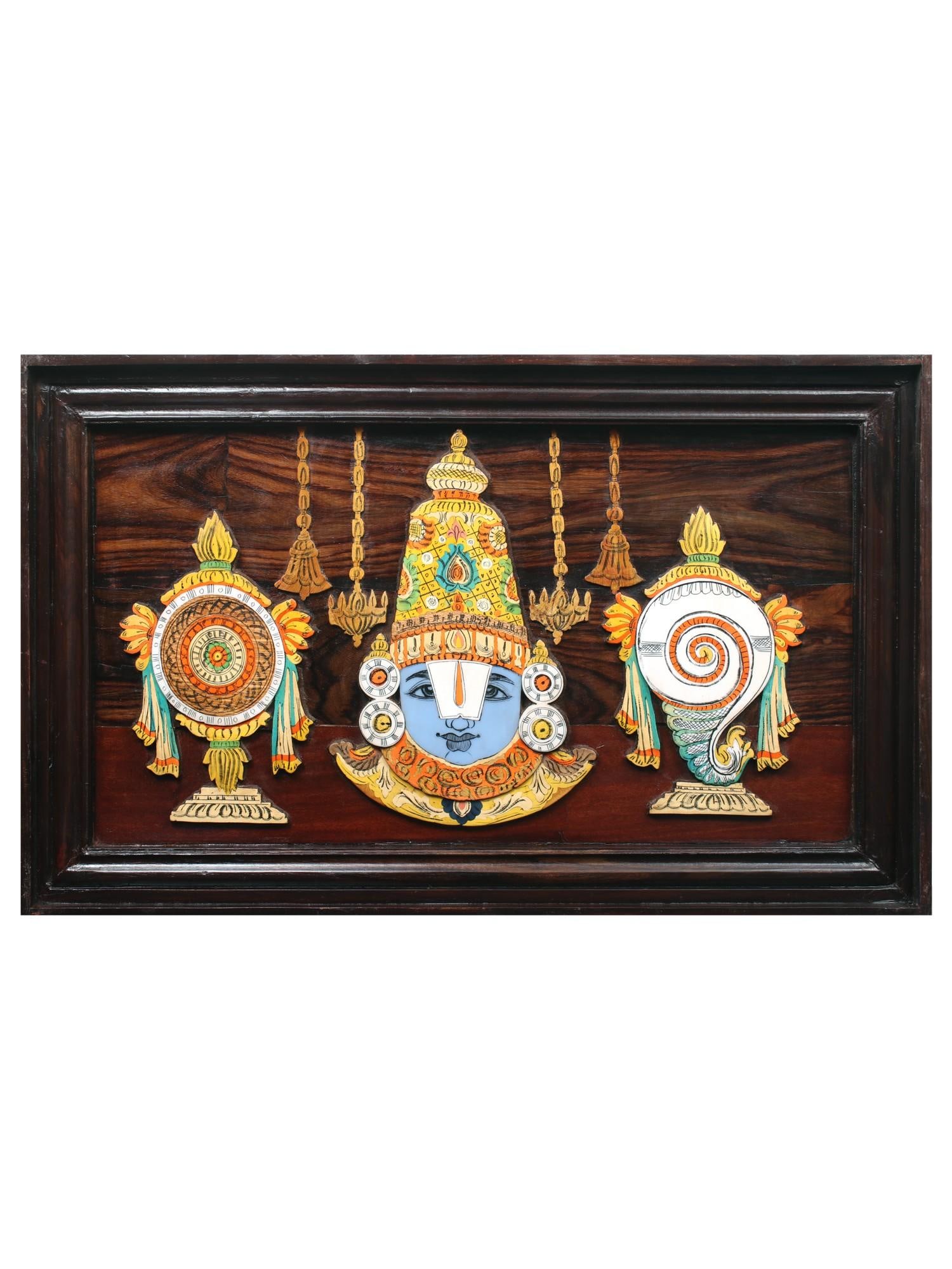 30" Tirupati Balaji With Vaishnava Symbols | Natural Color On Wood Panel With Inlay Work: Title: 30" Tirupati Balaji With Vaishnava Symbols | Natural Color On Wood Panel With Inlay Work Description: Mysore Wooden Inlay Panels Painting Reserve: $669.60 Shipping: Domestic: Shipping rates are