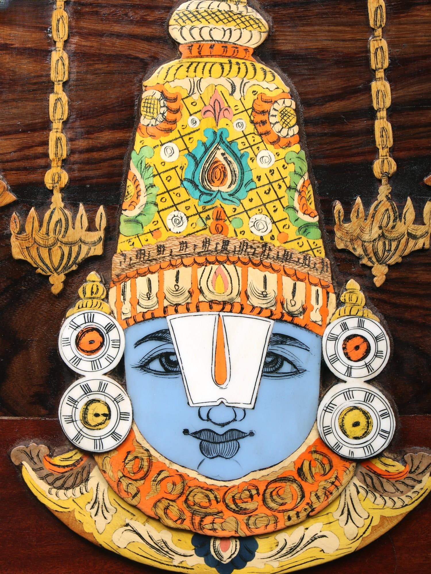 30" Tirupati Balaji With Vaishnava Symbols | Natural Color On Wood Panel With Inlay Work - 2