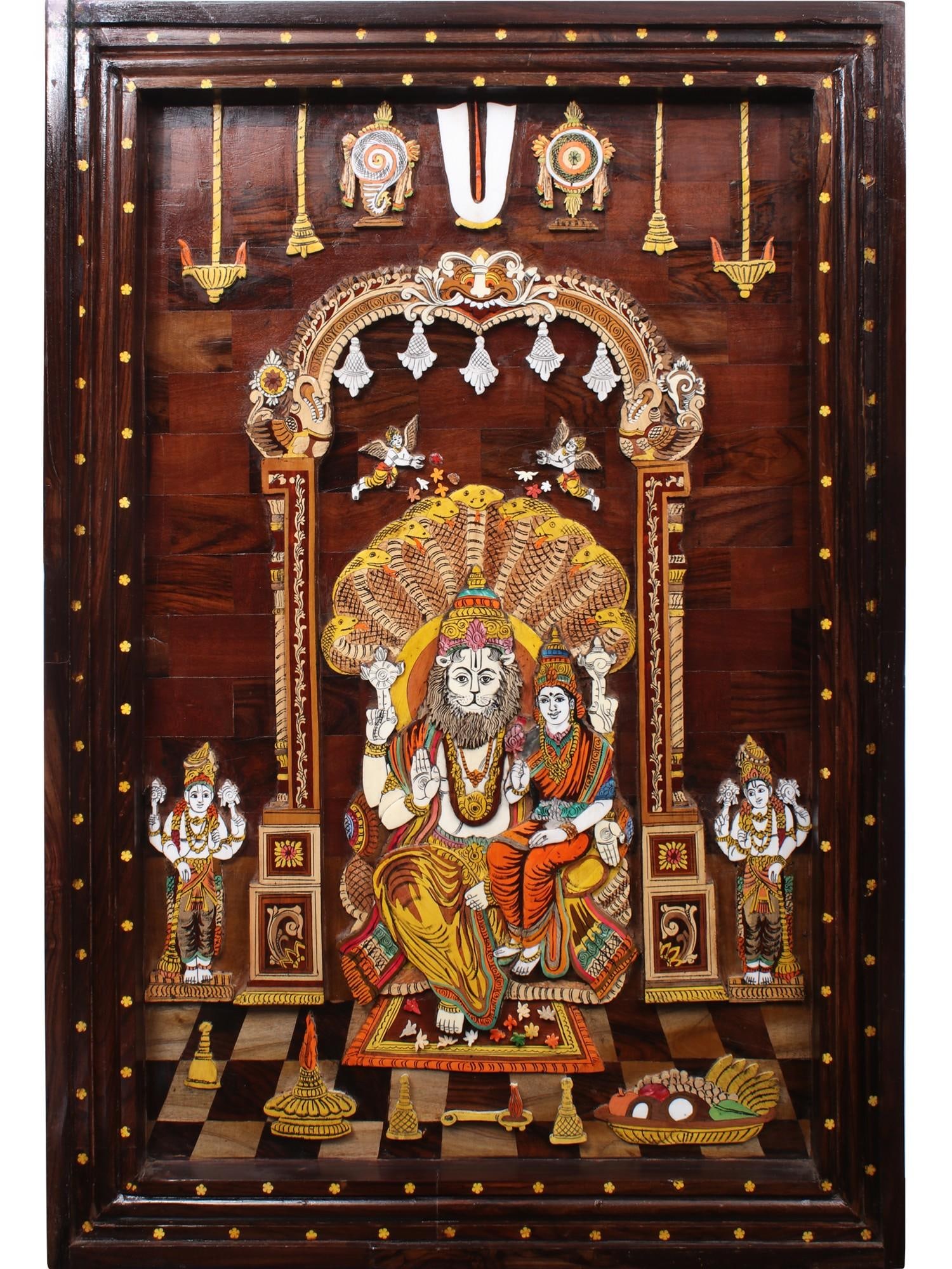 36" Lord Narsimha With Goddess Lakshmi | Natural Color On 3D Wood Painting With Inlay Work: Title: 36" Lord Narsimha With Goddess Lakshmi | Natural Color On 3D Wood Painting With Inlay Work Description: Mysore Wooden Inlay Panels Painting Reserve: $1,811.70 Shipping: Domestic: Shipping rates
