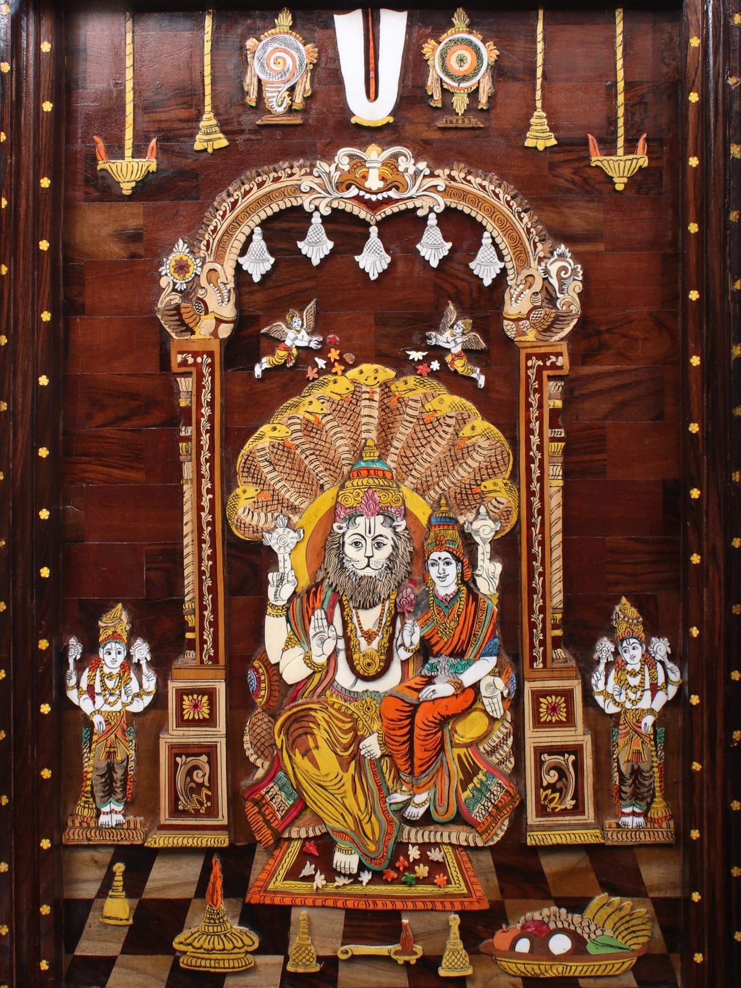 36" Lord Narsimha With Goddess Lakshmi | Natural Color On 3D Wood Painting With Inlay Work - 2