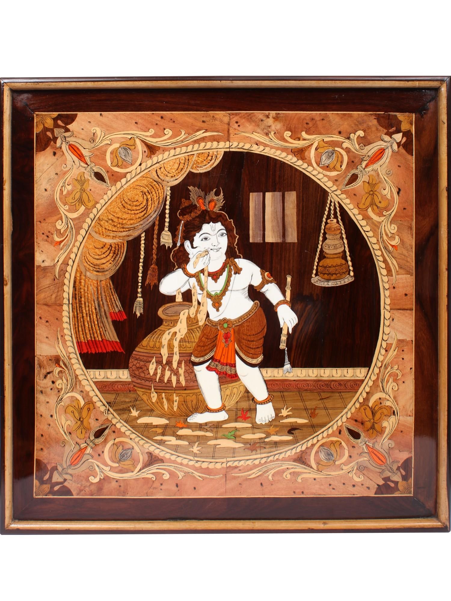 25" Little Krishna As Makhan Chor | Natural Color On Wood Panel With Inlay Work (1 of 2)