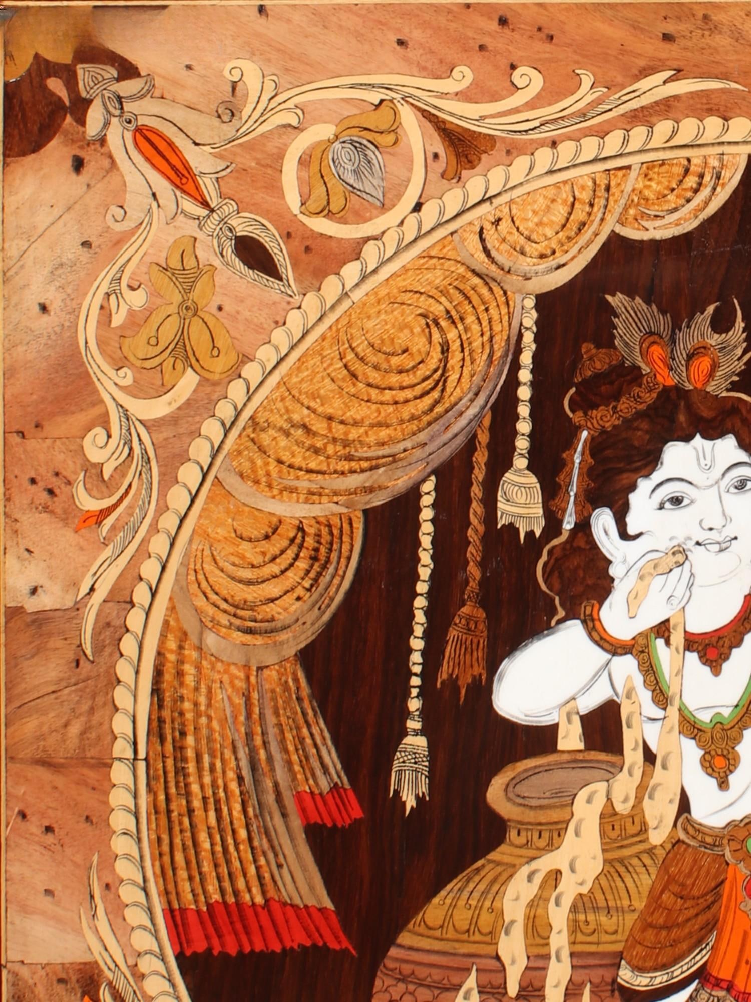 25" Little Krishna As Makhan Chor | Natural Color On Wood Panel With Inlay Work - 2