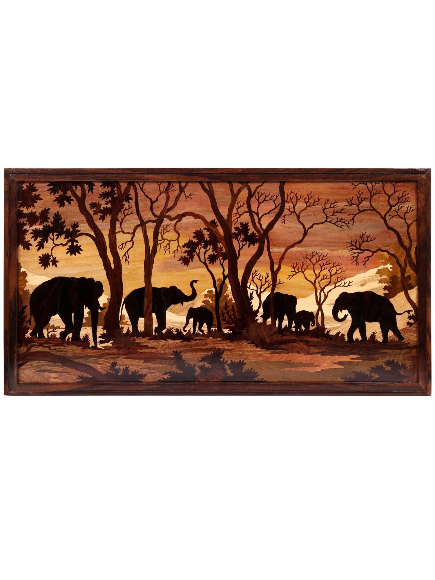 37" Elephants In Jungle | Natural Color On Wood Panel With Inlay Work: Title: 37" Elephants In Jungle | Natural Color On Wood Panel With Inlay Work Description: Mysore Wooden Inlay Panels Painting Reserve: $1,744.20 Shipping: Domestic: Shipping rates are determined by de