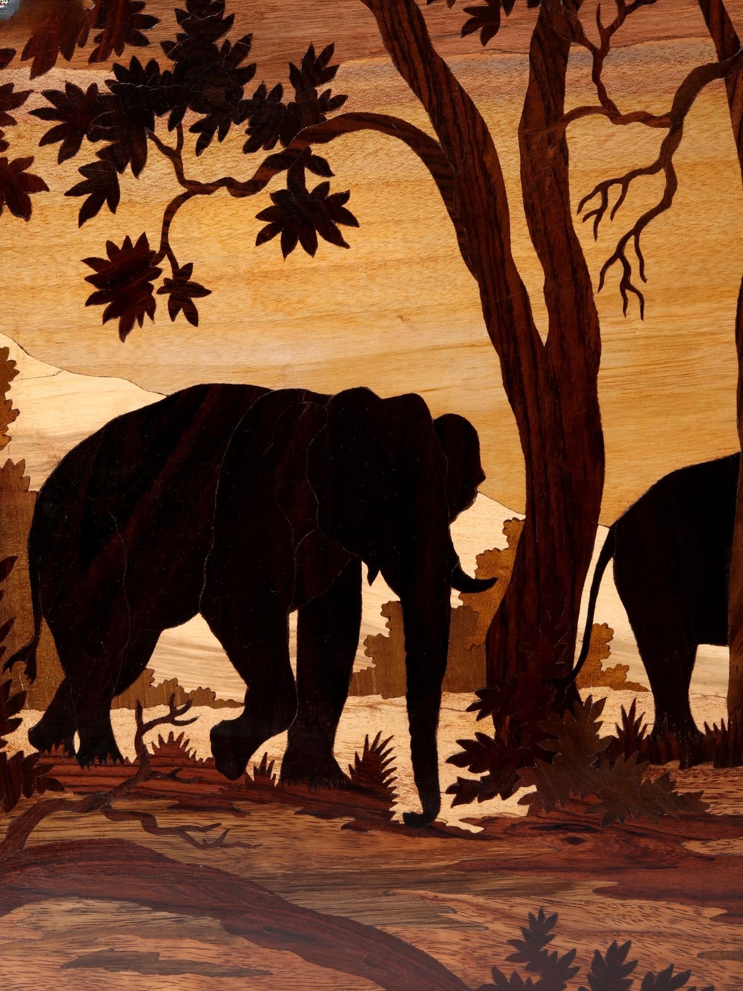 37" Elephants In Jungle | Natural Color On Wood Panel With Inlay Work - 2