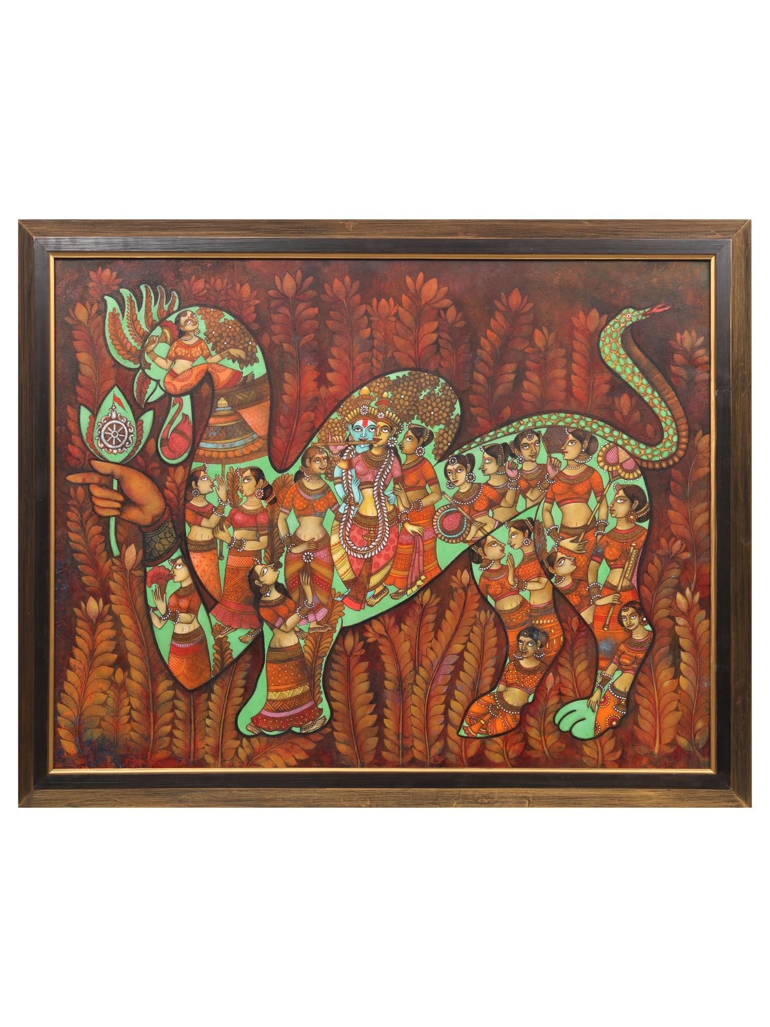 Radha Krishna with Gopis - Abstract Painting | Acrylic on Canvas | With Frame: Title: Radha Krishna with Gopis - Abstract Painting | Acrylic on Canvas | With Frame Description: Hindu Gods & Goddesses Painting Reserve: $1,907.10 Shipping: Domestic: Shipping rates are determined b