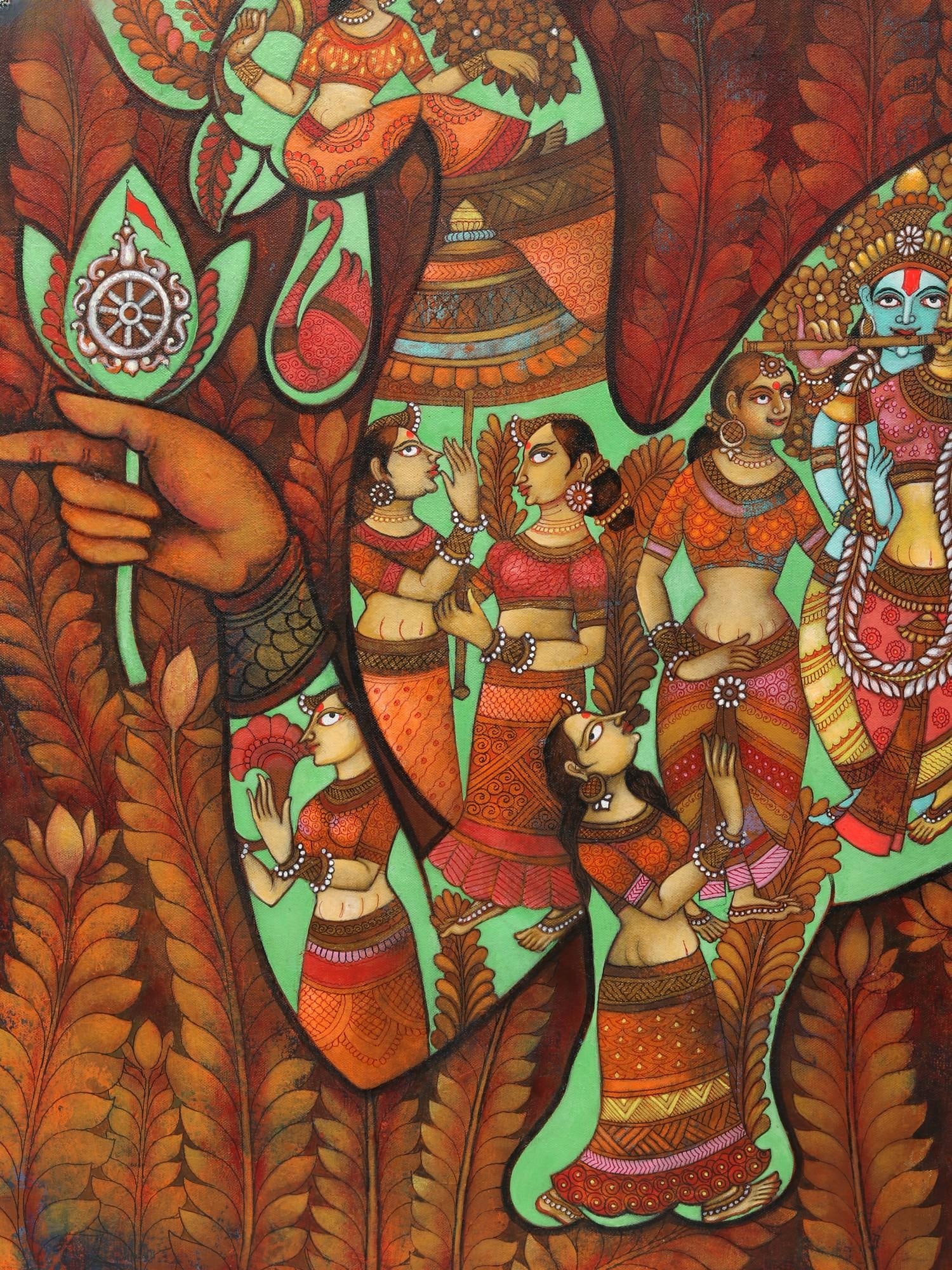 Radha Krishna with Gopis - Abstract Painting | Acrylic on Canvas | With Frame - 2