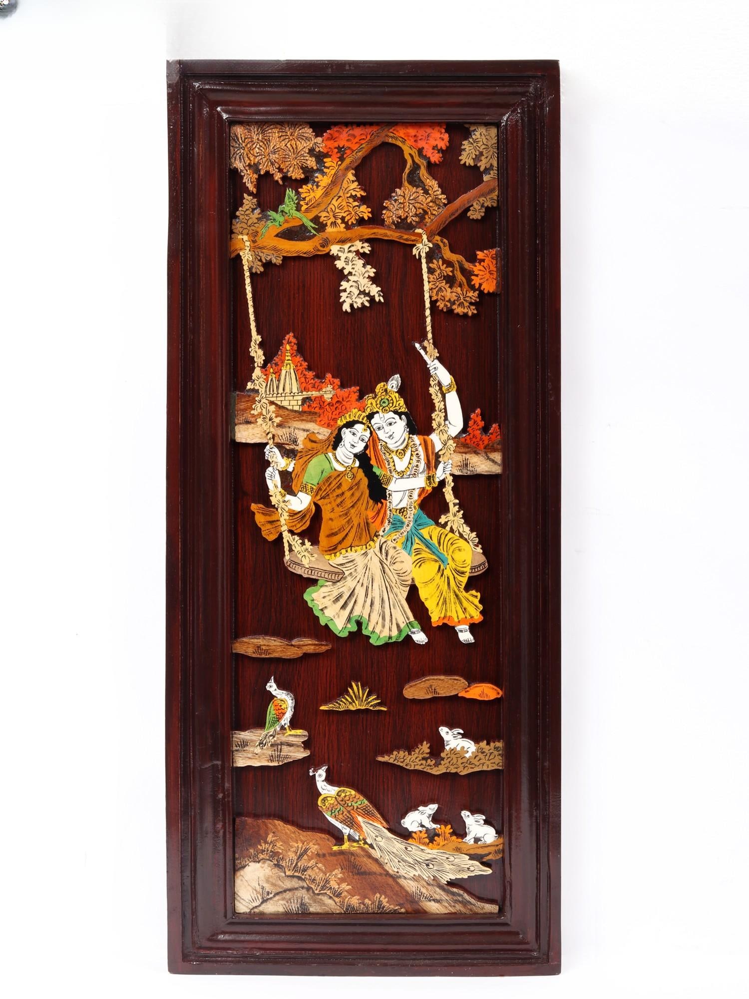 30" Radha Krishna on Swing | 3D Art | Wood Panel with Inlay Work: Title: 30" Radha Krishna on Swing | 3D Art | Wood Panel with Inlay Work Description: Mysore Wooden Inlay Panels Painting Reserve: $702.90 Shipping: Domestic: Shipping rates are determined by destinati