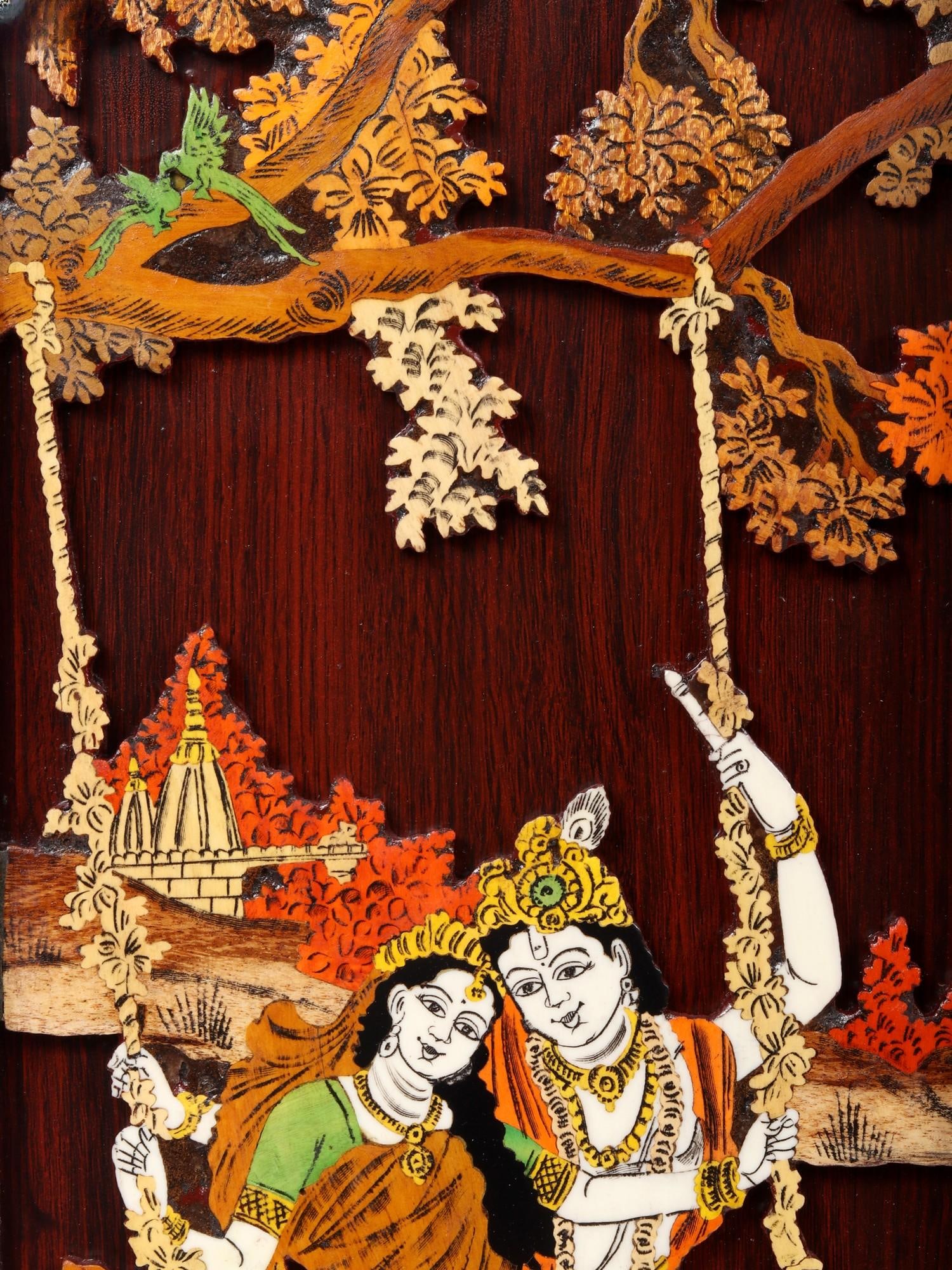 30" Radha Krishna on Swing | 3D Art | Wood Panel with Inlay Work - 2