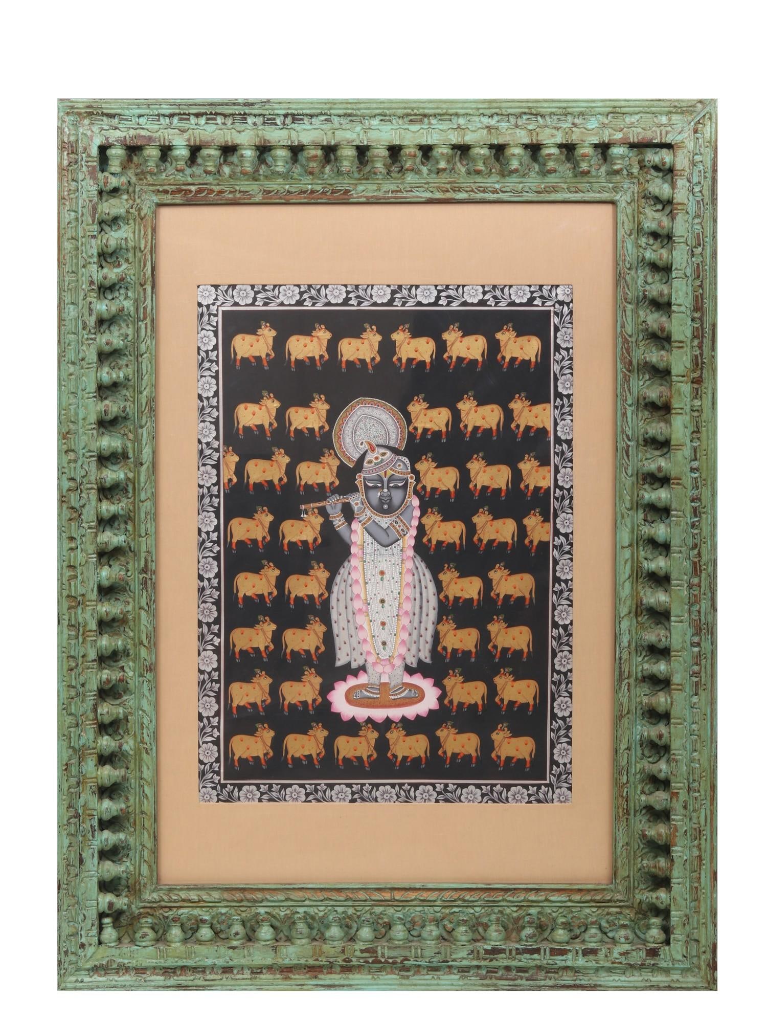48" Shrinath Ji Surrounded By Kamdhenu Cow With Awesome Wood Frame | Watercolor On Cloth: Title: 48" Shrinath Ji Surrounded By Kamdhenu Cow With Awesome Wood Frame | Watercolor On Cloth Description: Folk Paintings Reserve: $1,344.60 Shipping: Domestic: Shipping rates are determined by dest