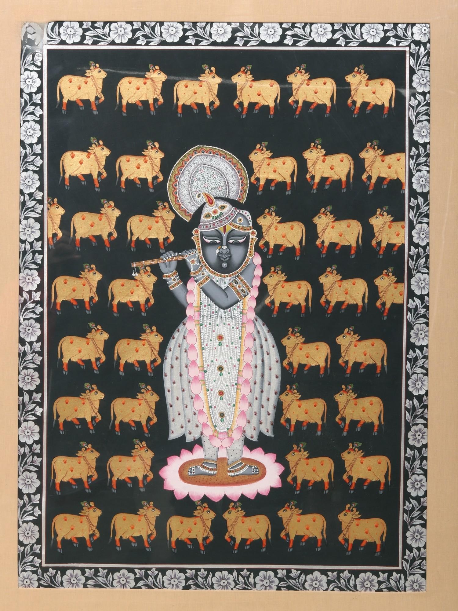 48" Shrinath Ji Surrounded By Kamdhenu Cow With Awesome Wood Frame | Watercolor On Cloth - 2