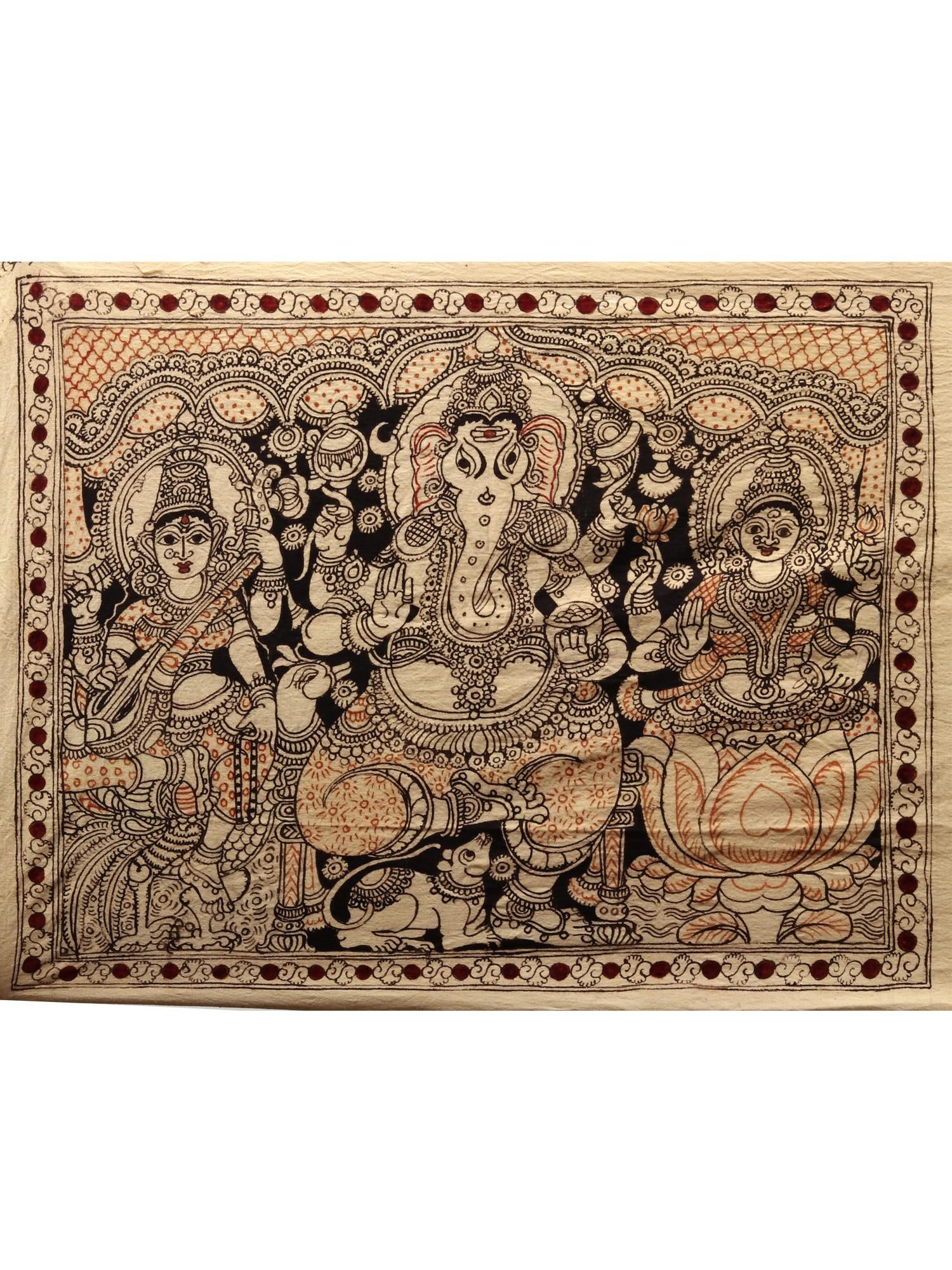 Ganesha, Lakshmi and Saraswati | Kalamkari Painting on Cotton: Title: Ganesha, Lakshmi and Saraswati | Kalamkari Painting on Cotton Description: Folk Paintings Reserve: $102.60 Shipping: Domestic: Shipping rates are determined by destination International: