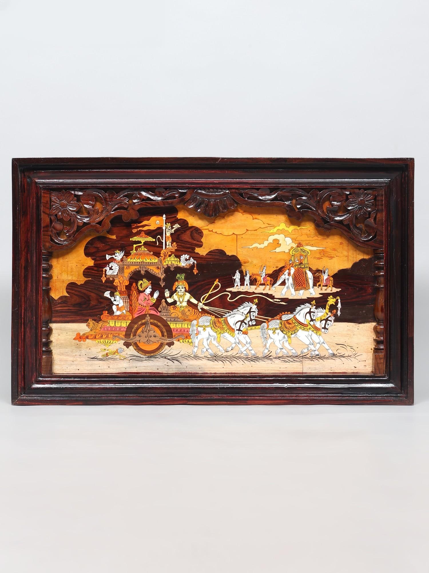 31" The Mahabharat View - Lord Krishna | Natural Color On Wood Panel With Inlay Work: Title: 31" The Mahabharat View - Lord Krishna | Natural Color On Wood Panel With Inlay Work Description: Mysore Wooden Inlay Panels Painting Reserve: $692.10 Shipping: Domestic: Shipping rates are det