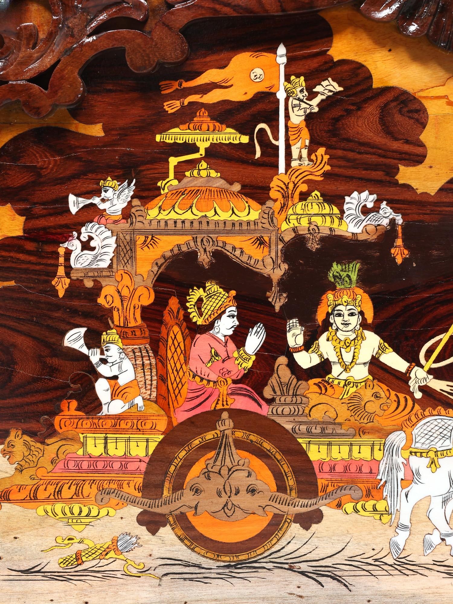 31" The Mahabharat View - Lord Krishna | Natural Color On Wood Panel With Inlay Work - 2