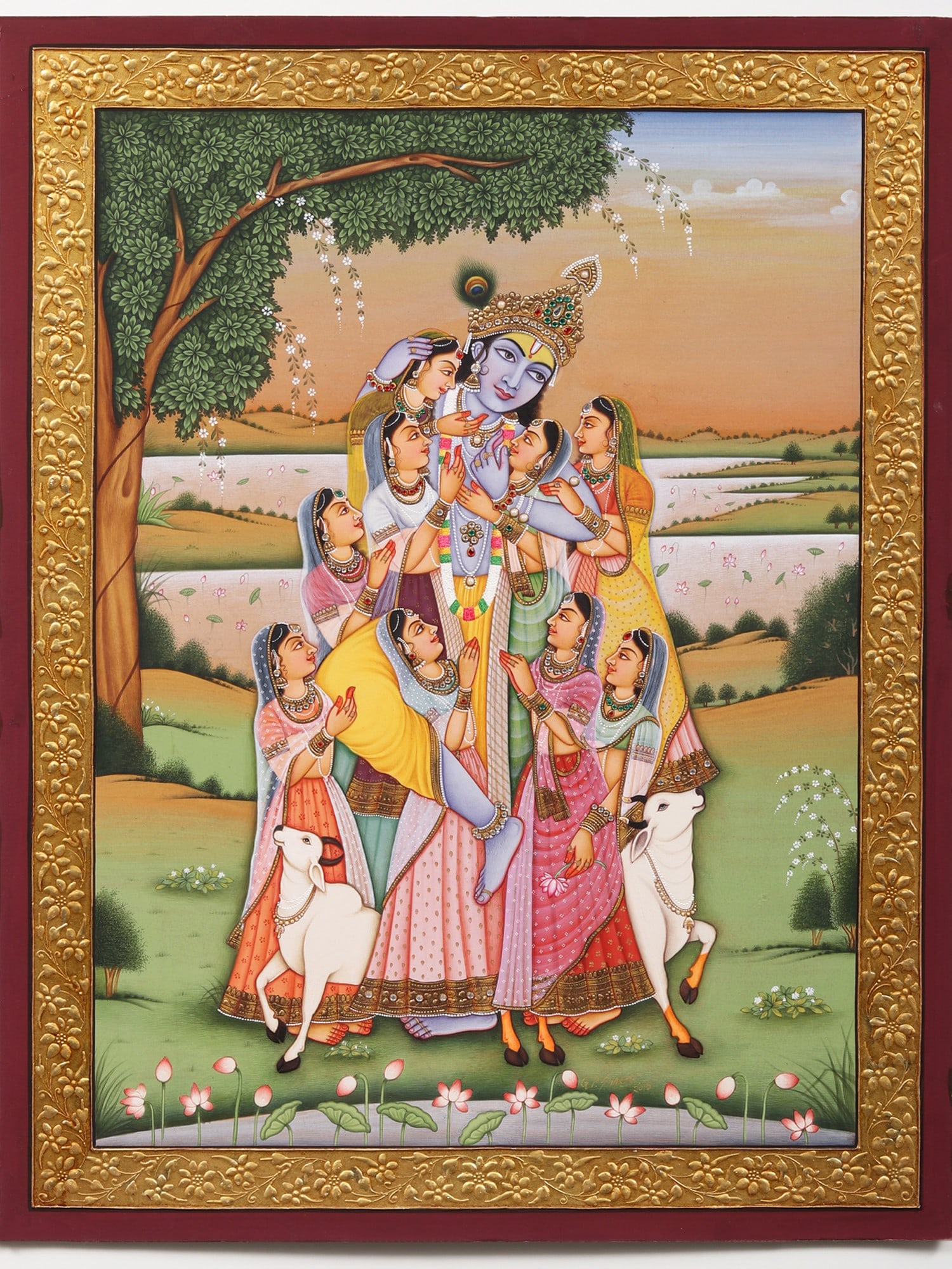 Krishna as Lord of Mind Controls Our Indriyas | Watercolor Painting with Embroidered Gold: Title: Krishna as Lord of Mind Controls Our Indriyas | Watercolor Painting with Embroidered Gold Description: Hindu Gods & Goddesses Painting Reserve: $1,119.60 Shipping: Domestic: Shipping rates are 
