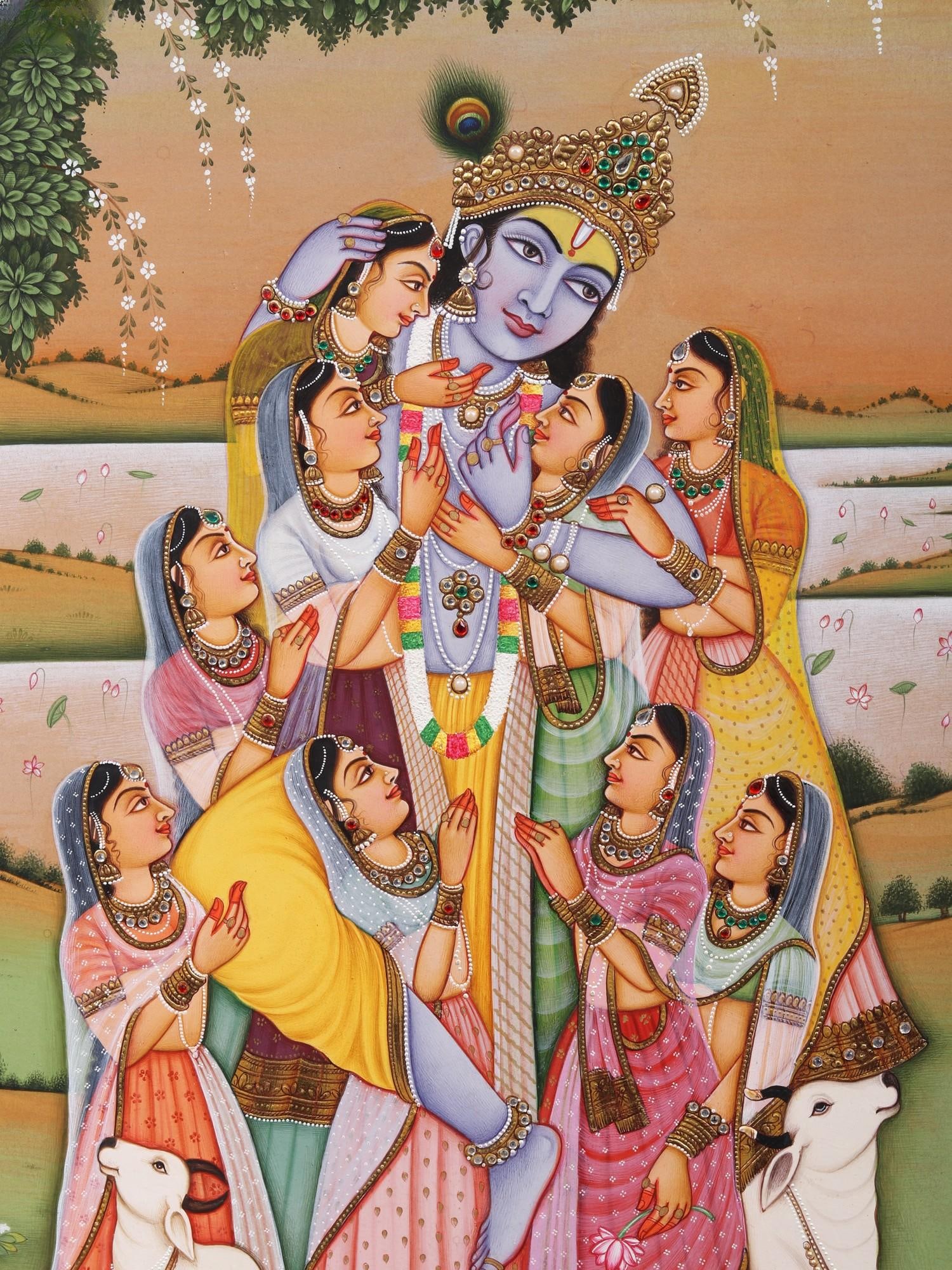Krishna as Lord of Mind Controls Our Indriyas | Watercolor Painting with Embroidered Gold - 2