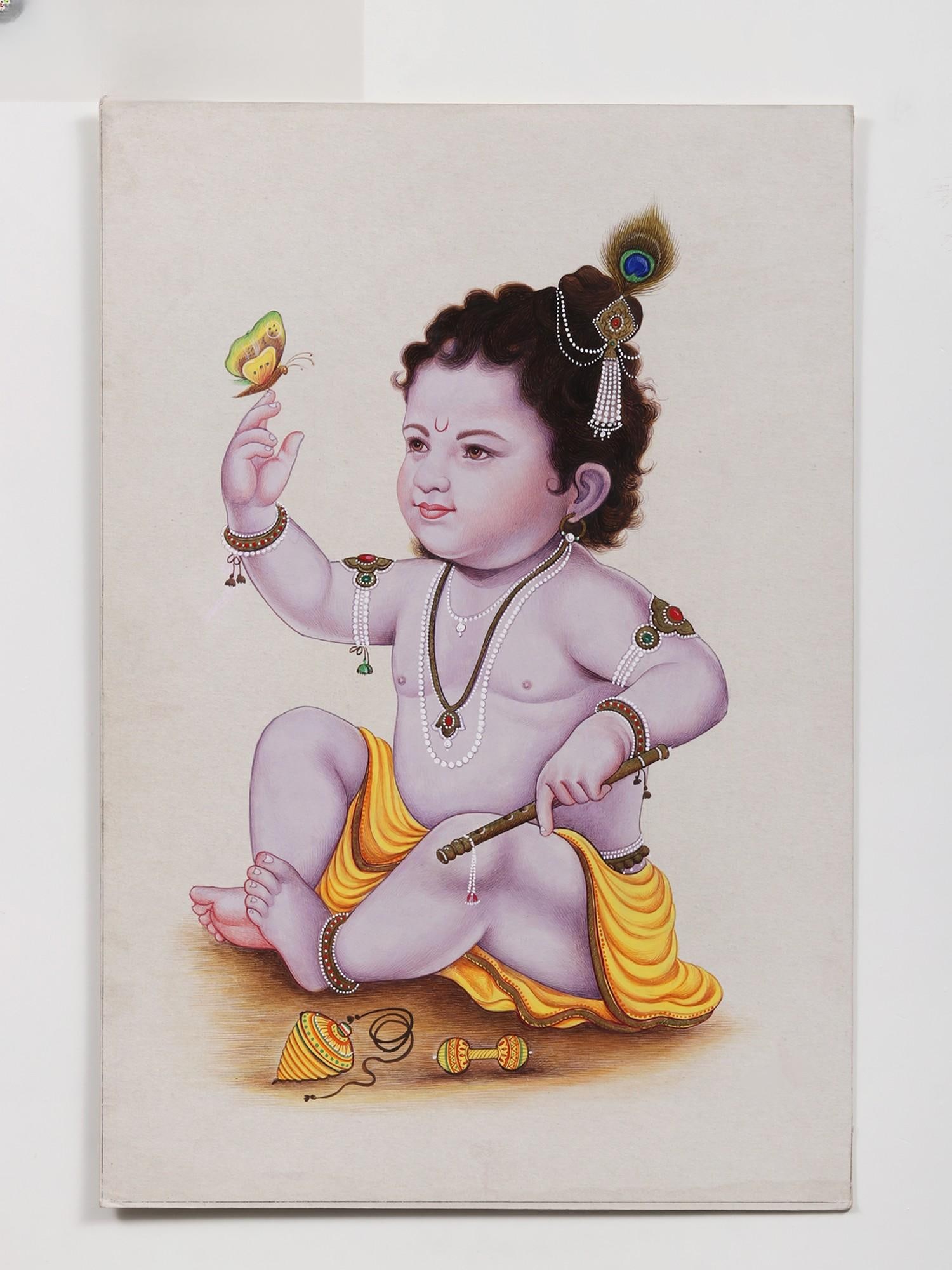 Baby Krishna with Butterfly | Watercolor Painting: Title: Baby Krishna with Butterfly | Watercolor Painting Description: Hindu Gods & Goddesses Painting Reserve: $557.10 Shipping: Domestic: Shipping rates are determined by destination International: