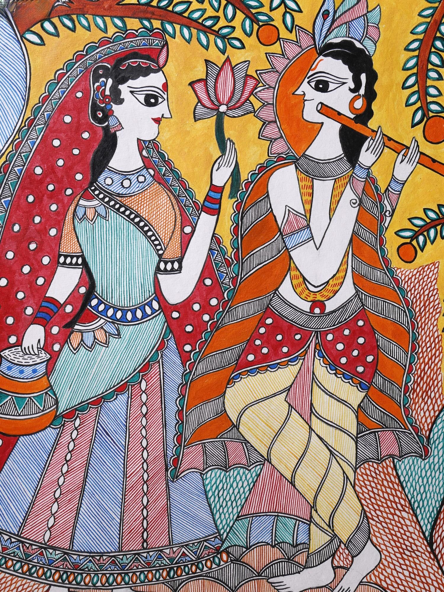 Radha Krishna Spiritual Love With Frame | Acrylic Color On Hand Made Paper | Lalita Ray - 2
