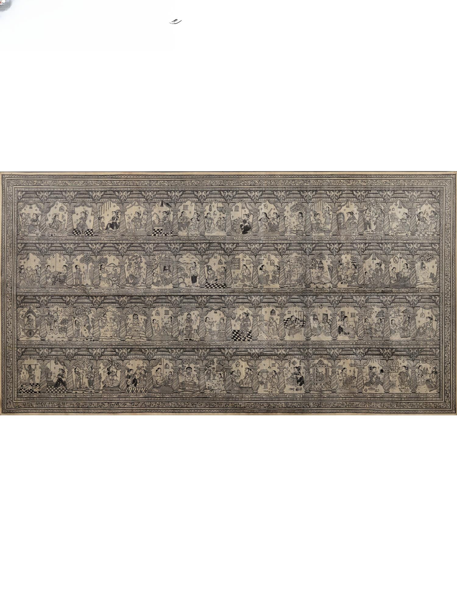 64 Kalas - Pattachitra Art (Masterpiece) | Watercolor on Tussar Silk: Title: 64 Kalas - Pattachitra Art (Masterpiece) | Watercolor on Tussar Silk Description: Folk Paintings Reserve: $3,369.60 Shipping: Domestic: Shipping rates are determined by destination