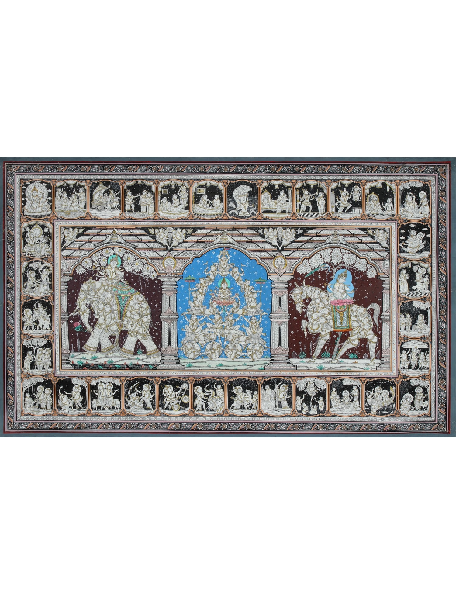 Lord Krishna on Pashu Kunjar with Episodes of His Life Story at Border | Pattachitra Painting: Title: Lord Krishna on Pashu Kunjar with Episodes of His Life Story at Border | Pattachitra Painting Description: Folk Paintings Reserve: $2,081.70 Shipping: Domestic: Shipping rates are determined by