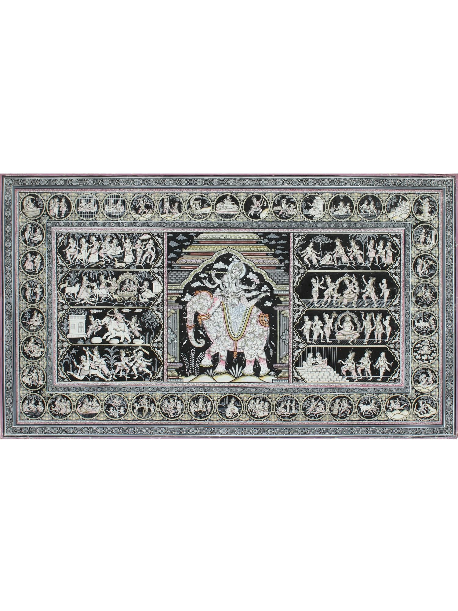 Lord Krishna on Pashu Kunjar with His Life Story | Superfine Pattachitra Painting | Masterpiece: Title: Lord Krishna on Pashu Kunjar with His Life Story | Superfine Pattachitra Painting | Masterpiece Description: Folk Paintings Reserve: $2,705.40 Shipping: Domestic: Shipping rates are determined 