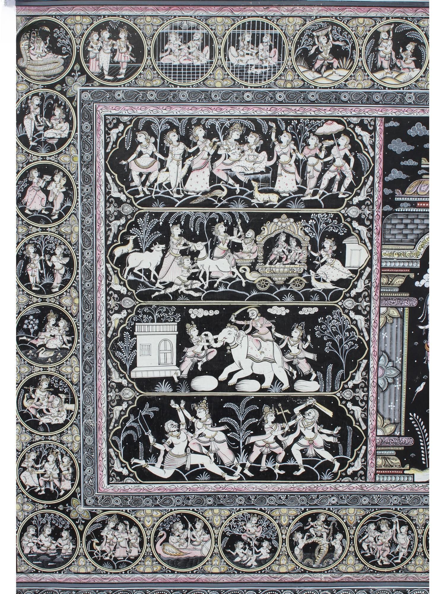 Lord Krishna on Pashu Kunjar with His Life Story | Superfine Pattachitra Painting | Masterpiece - 2