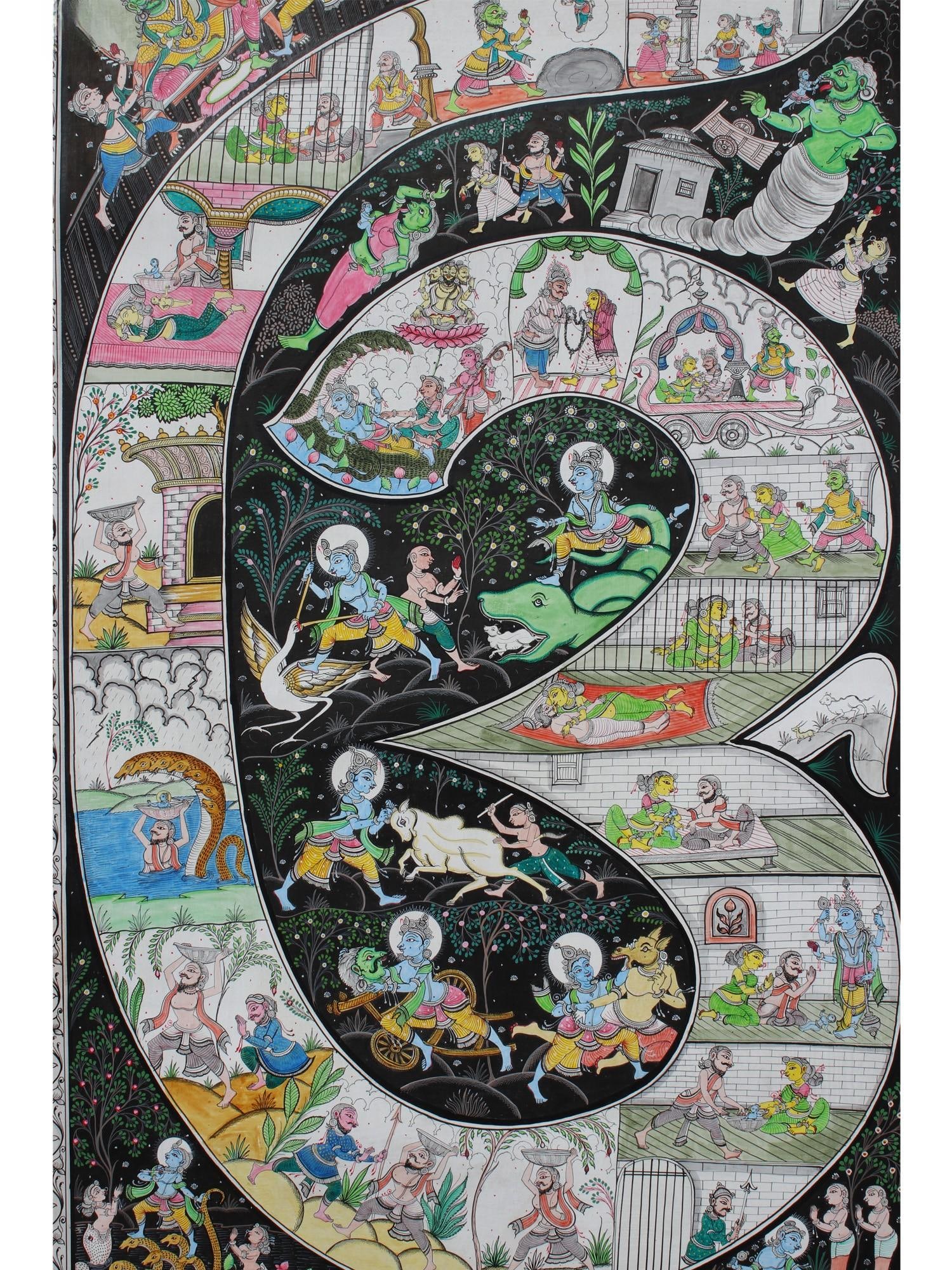 Shri Krishna's Life Story Inside The Aum (Om) | Pattachitra Painting - 2