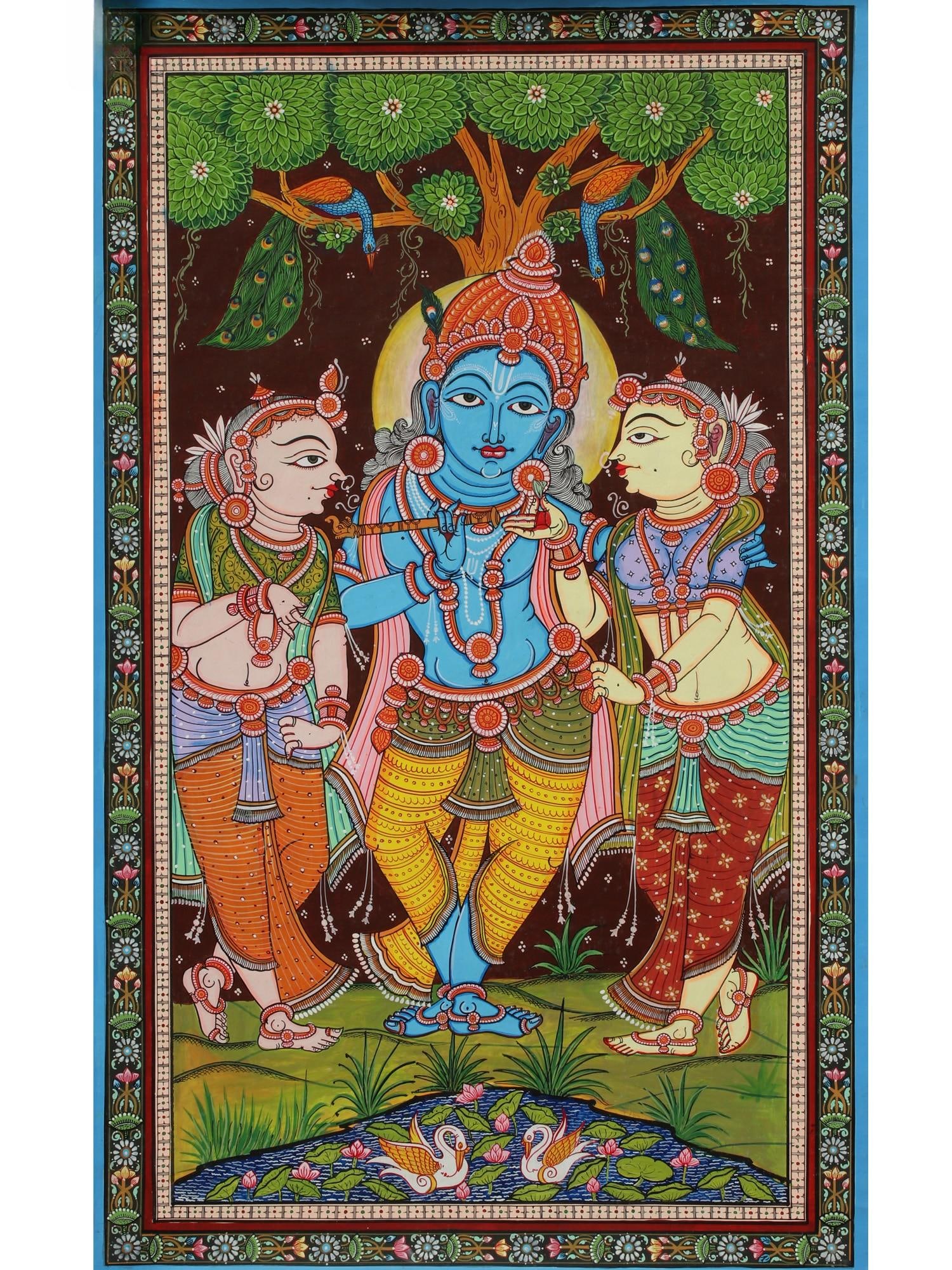 Lord Krishna with His Consorts Rukmini and Satyabhama | Pattachitra Painting: Title: Lord Krishna with His Consorts Rukmini and Satyabhama | Pattachitra Painting Description: Folk Paintings Reserve: $444.60 Shipping: Domestic: Shipping rates are determined by destination