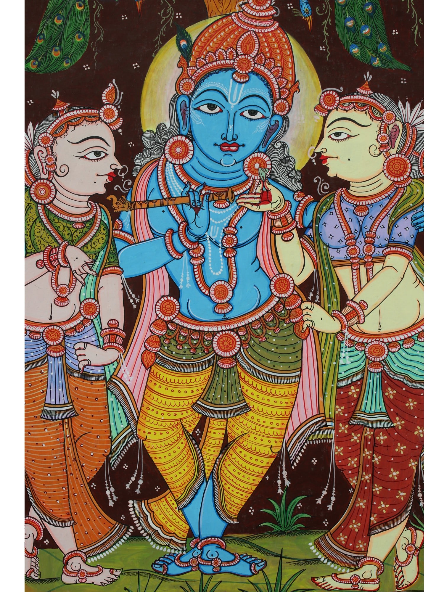 Lord Krishna with His Consorts Rukmini and Satyabhama | Pattachitra Painting - 2