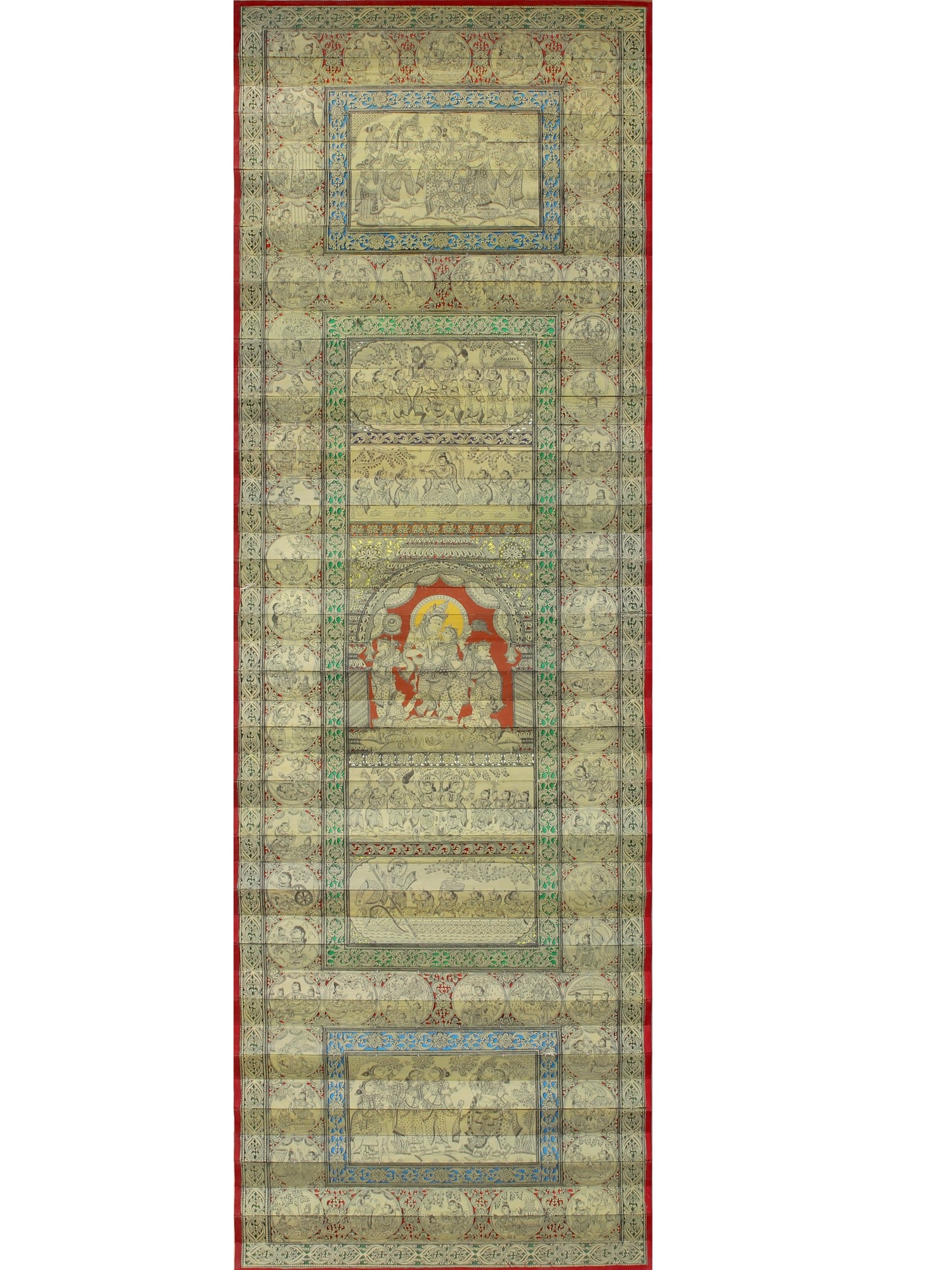 Radha Krishna with Episodes of Krishna Lila | Pattachitra Painting on Palm Leaf: Title: Radha Krishna with Episodes of Krishna Lila | Pattachitra Painting on Palm Leaf Description: Folk Paintings Reserve: $1,580.40 Shipping: Domestic: Shipping rates are determined by destination I