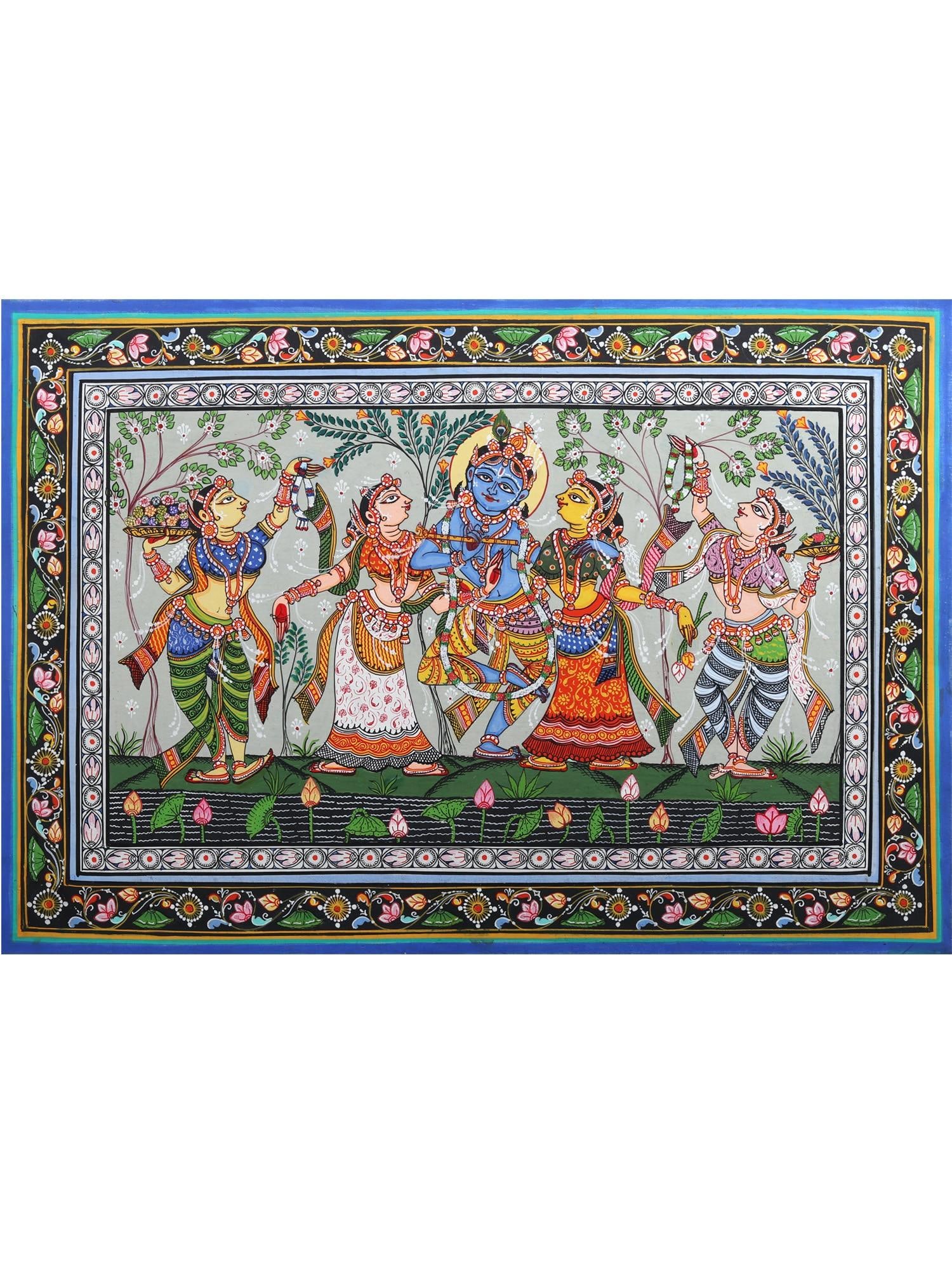 Dancing Lord Krishna with Rukmini and Satyabhama | Pattachitra Painting from Odisha: Title: Dancing Lord Krishna with Rukmini and Satyabhama | Pattachitra Painting from Odisha Description: Folk Paintings Reserve: $180.90 Shipping: Domestic: Shipping rates are determined by destination