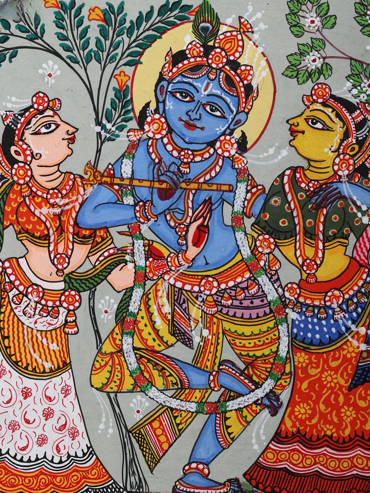 Dancing Lord Krishna with Rukmini and Satyabhama | Pattachitra Painting from Odisha - 2