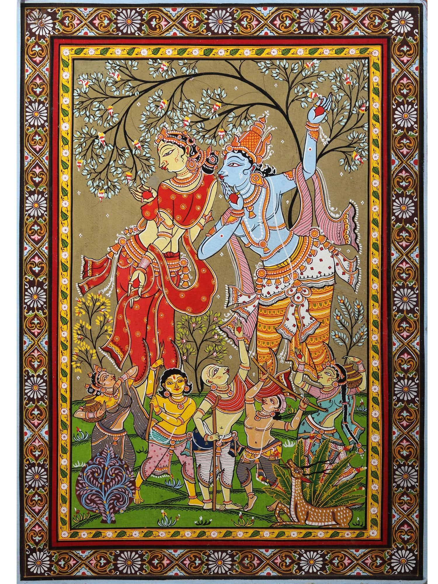 Radha Krishna with Friends | Pattachitra Painting from Odisha: Title: Radha Krishna with Friends | Pattachitra Painting from Odisha Description: Folk Paintings Reserve: $201.60 Shipping: Domestic: Shipping rates are determined by destination International: Foreig