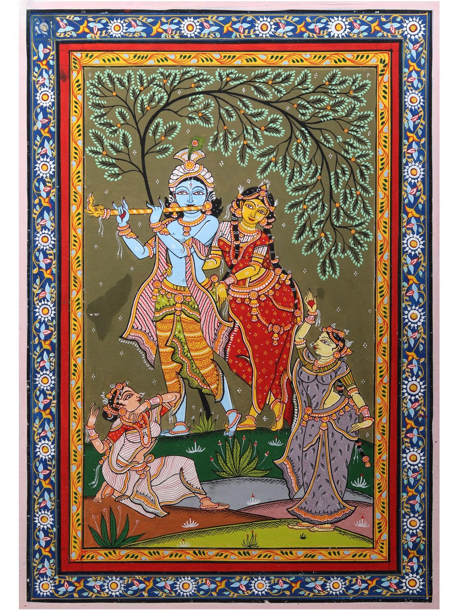 Radha Krishna with Gopis | Pattachitra Painting from Odisha: Title: Radha Krishna with Gopis | Pattachitra Painting from Odisha Description: Folk Paintings Reserve: $180.90 Shipping: Domestic: Shipping rates are determined by destination International: Foreign 