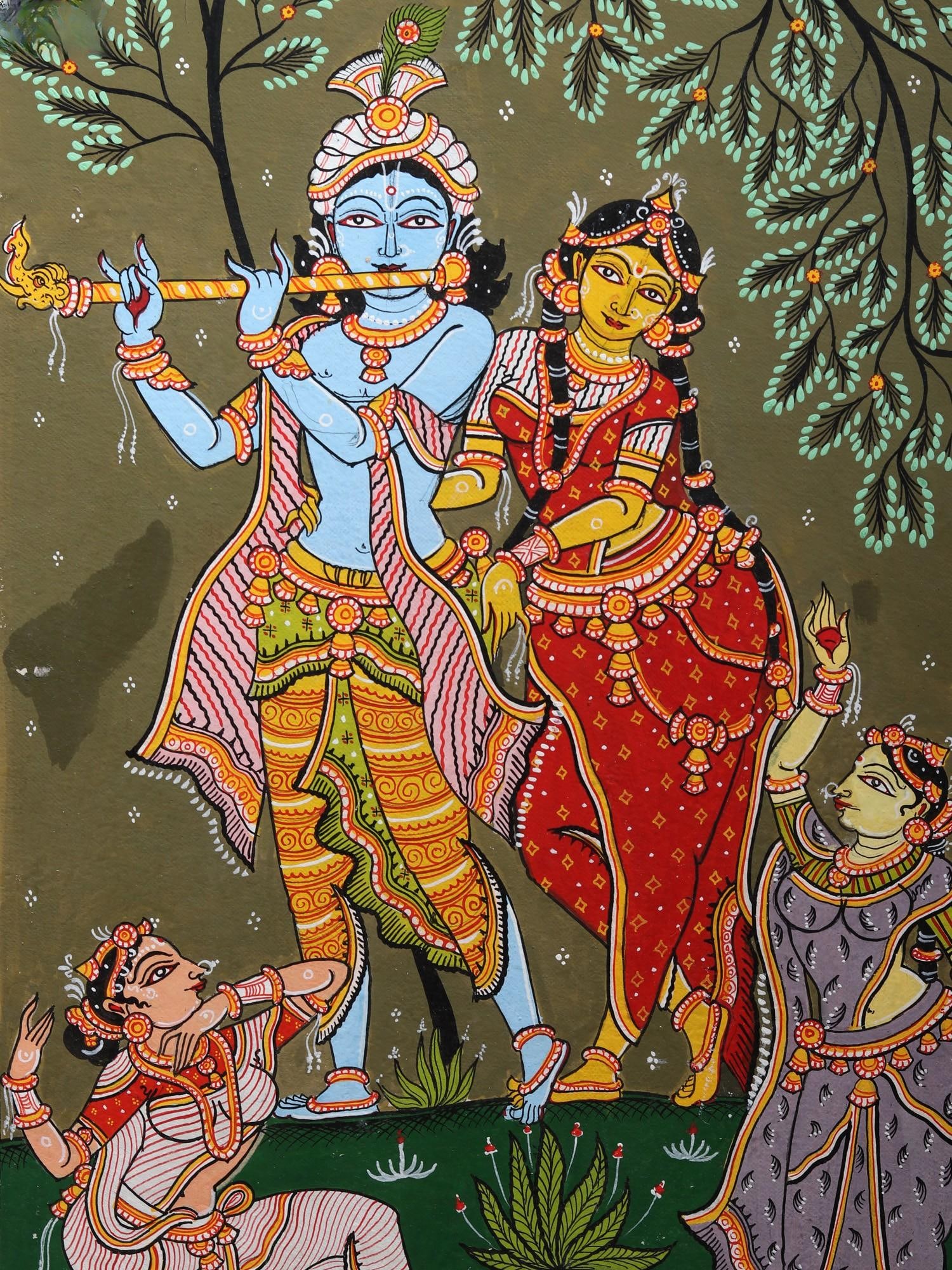 Radha Krishna with Gopis | Pattachitra Painting from Odisha - 2