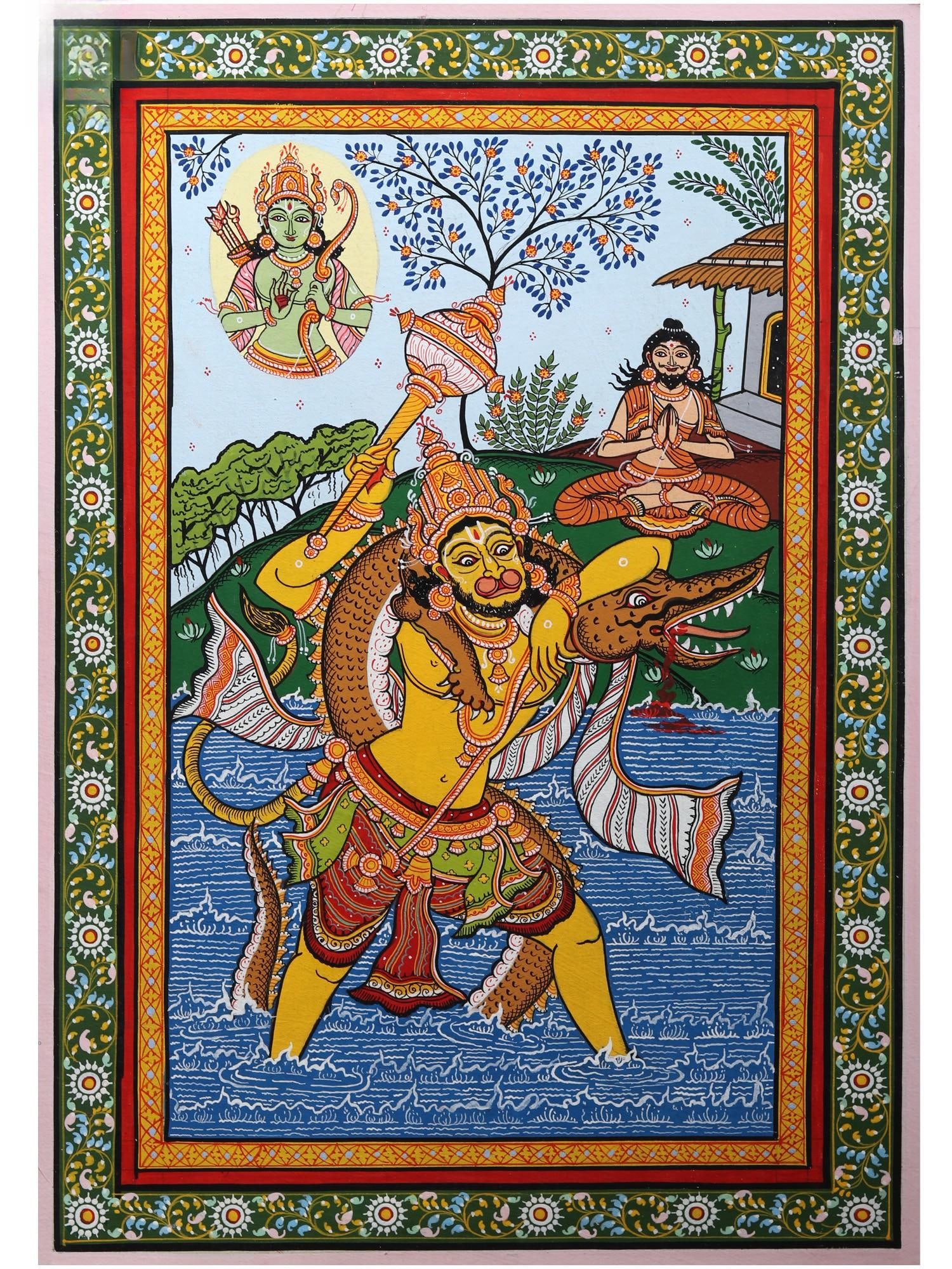 Killing of Dhyanamalini by Lord Hanuman | Pattachitra Painting from Odisha: Title: Killing of Dhyanamalini by Lord Hanuman | Pattachitra Painting from Odisha Description: Folk Paintings Reserve: $201.60 Shipping: Domestic: Shipping rates are determined by destination Internat