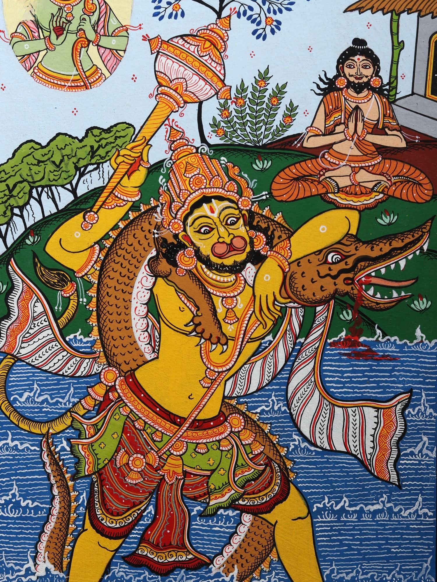 Killing of Dhyanamalini by Lord Hanuman | Pattachitra Painting from Odisha - 2