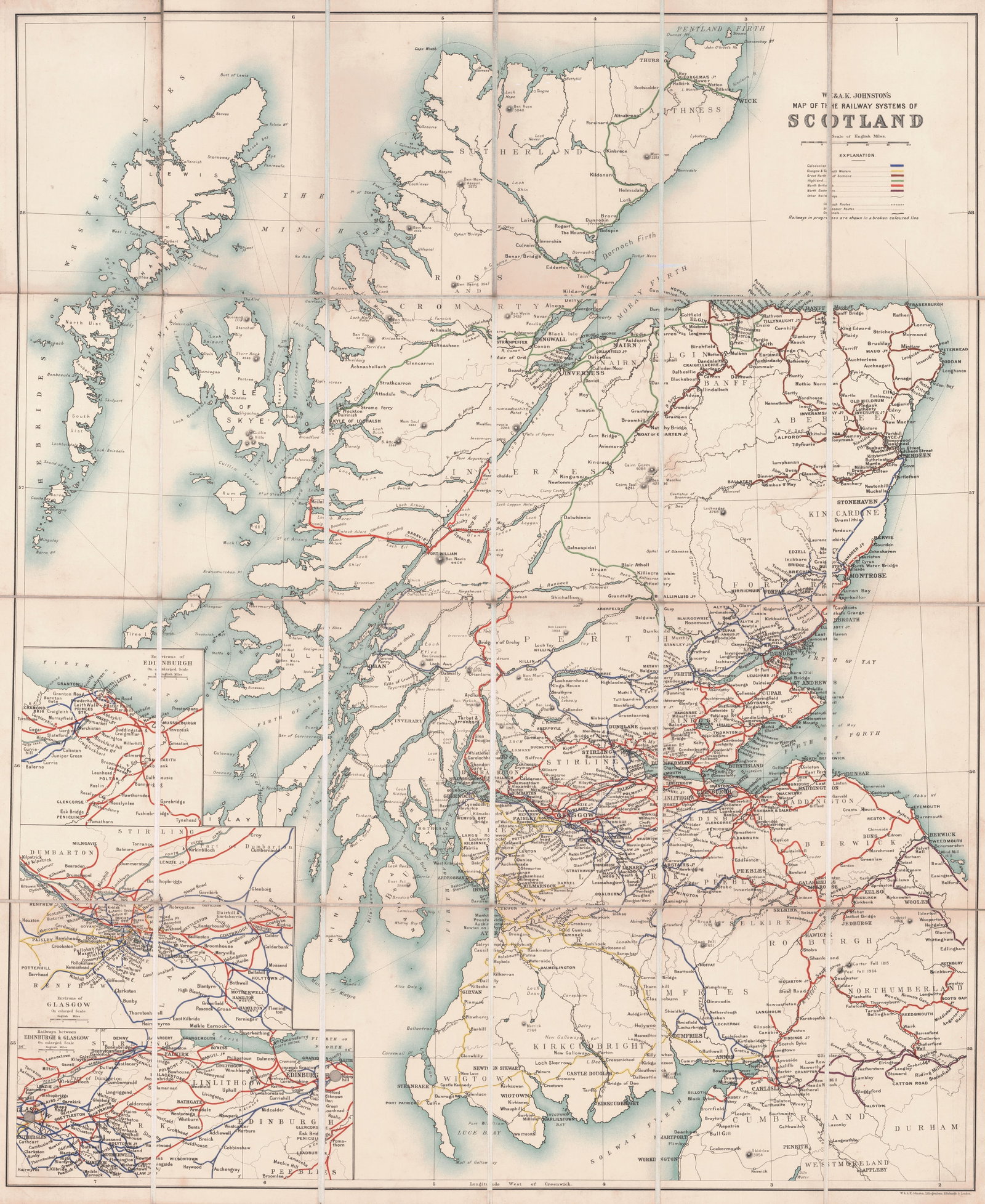 Johnston's Map of Railway Systems of Scotland,: Publication Date:c1880 Title:Johnston's Map of Railway Systems of Scotland,,li>Cartographer: Publisher:W. & A.K. JOHNSTON Brief Description:(including railroads in progress). Dissected, linen backed,