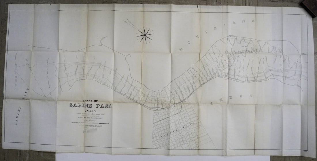 Chart of Sabine Pass Texas,: Publication Date:1890 Title:Chart of Sabine Pass Texas,,li>Cartographer:FISK, WALTER LESLIE (1855-1943)/A. C. BELL Publisher:U.S. ARMY. CORPS OF ENGINEERS Brief Description:"from survey of December,