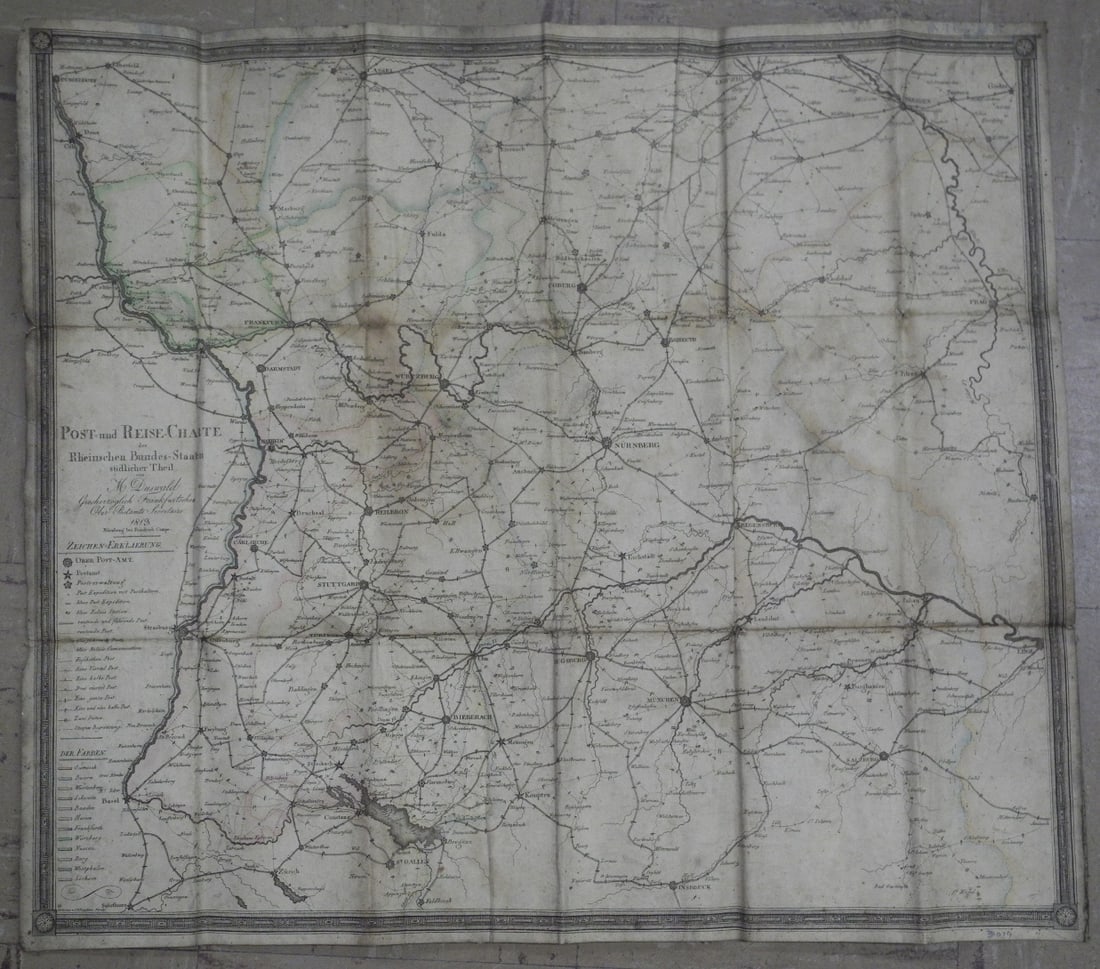 Post=und Reise=Charte der Rheinschen Bundes=Staaten sudlicher Theil: Publication Date:1813 Title:Post=und Reise=Charte der Rheinschen Bundes=Staaten sudlicher Theil,li>Cartographer:M. Duswald Publisher:Friedrich Campe Brief Description:von M. Duswald Grosherzoglich