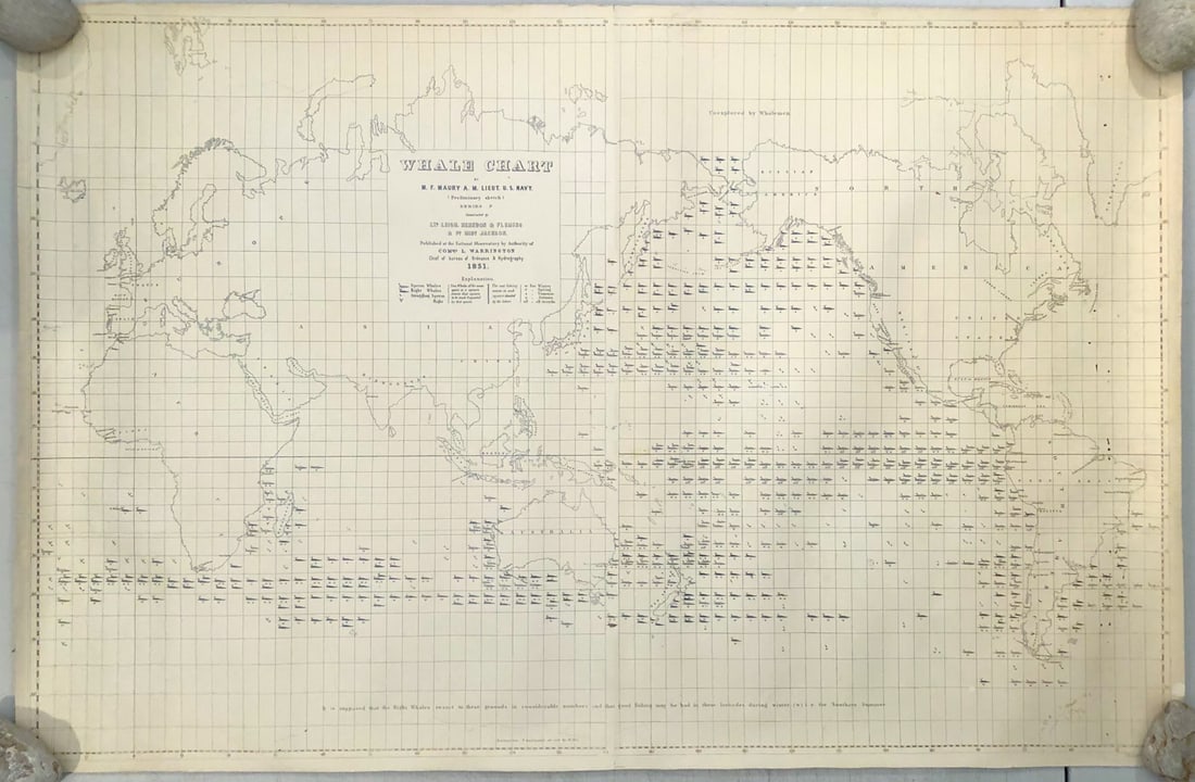 1851 but mid 1900s Maury Global Whaling Chart -- Whale Chart by M.F. Maury A.M. Lieut. U.S. Navy.: Title:1851 but mid 1900s Maury Global Whaling Chart -- Whale Chart by M.F. Maury A.M. Lieut. U.S. Navy. (Preliminary sketch) Series F Constructed by Lts. Leigh, Herndon & Fleming & Pd. Midn.