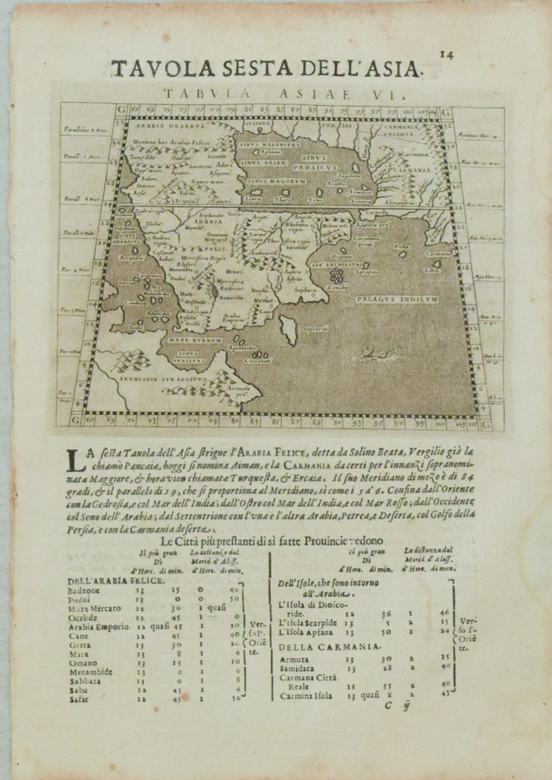 1620 or 1621 Magini Map of the Arabian Peninsula [verso] Central Asia -- Tabula Asiae VI [verso]: Title:1620 or 1621 Magini Map of the Arabian Peninsula [verso] Central Asia -- Tabula Asiae VI [verso] Tabula VII,li>Cartographer:G Magini Year/Place:1620/1 Padova Map Dimension (in.):5.2 X 7 in.