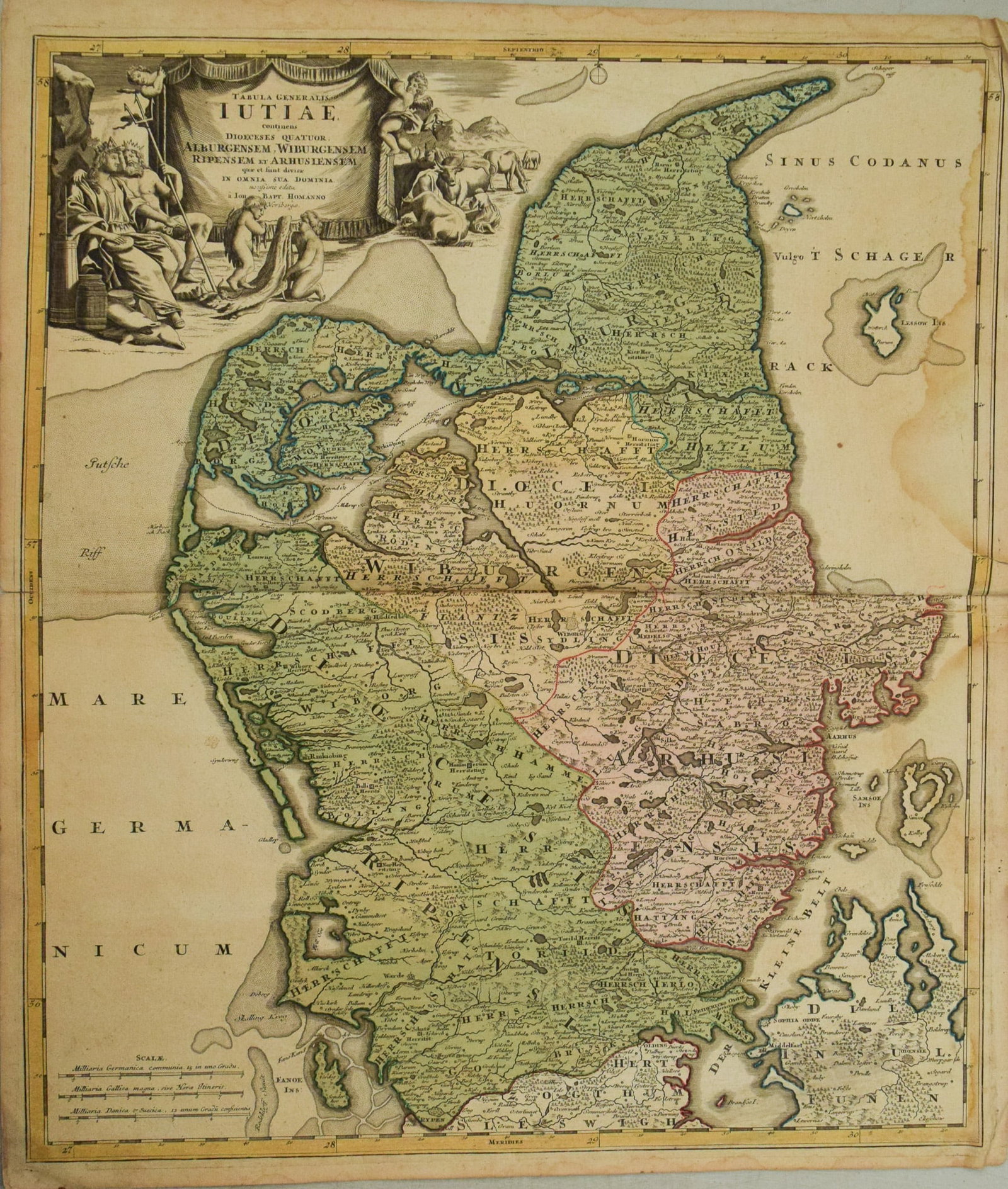 1720 Homann Map od Denmark's Jutland Peninsula -- Tabula Generalis Iutiae, Continens Dioeceses: Title:1720 Homann Map od Denmark's Jutland Peninsula -- Tabula Generalis Iutiae, Continens Dioeceses Quatuor, Alburgensem, Wiburgensem, Ripensem et Arhusiensem…,li>Cartographer:J Homann