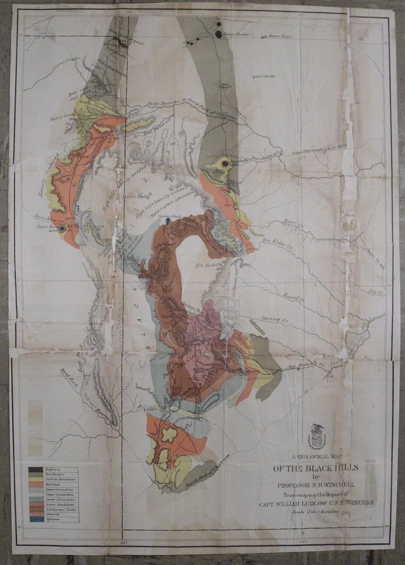 Geological Map of the Black Hills by Professor N.H. Winchell: Publication Date:1874 Title:Geological Map of the Black Hills by Professor N.H. Winchell,li>Cartographer:LUDLOW, WILLIAM (1843-1901)/N. H. WINCHELL Publisher:WAR DEPARTMENT Brief Description:"to accom