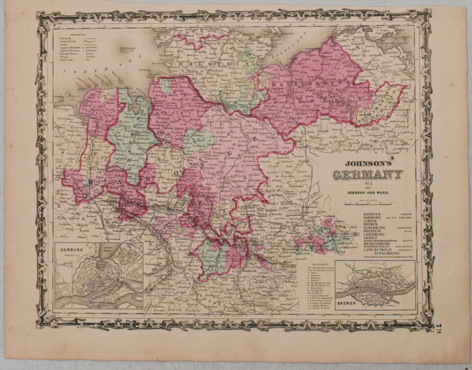 1863 Johnson Map of Northern Germany - Johnson's Germany No. 1: Title:1863 Johnson Map of Northern Germany - Johnson's Germany No. 1,li>Cartographer:Johnson & Ward Year/Place:1863, New York Map Dimension (in.):12.4 X 15.4 in. Description:This is a superb map of no
