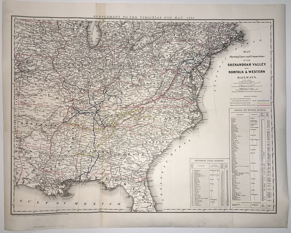 Map Showing Lines and Connections of the Shenandoah Valley & Norfolk & Western Railways: Publication Date:1881 Title:Map Showing Lines and Connections of the Shenandoah Valley & Norfolk & Western Railways,li>Cartographer:COLTON, G.W. & C.B. Publisher:G.W. & C.B. COLTON & CO. Brief Descrip