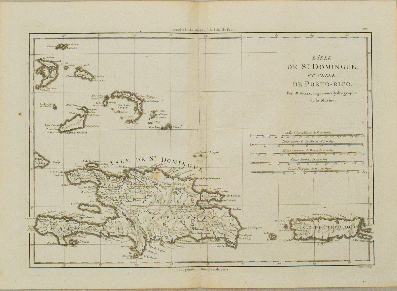 1787 Bonne Map of Hispaniola and Purto Rico -- L'Isle de St. Domingue, et celle de Porto-Rico: Title:1787 Bonne Map of Hispaniola and Purto Rico -- L'Isle de St. Domingue, et celle de Porto-Rico,li>Cartographer:R Bonne Year/Place:1787, Paris Map Dimension (in.):9.2 X 13.6 in. Description:This