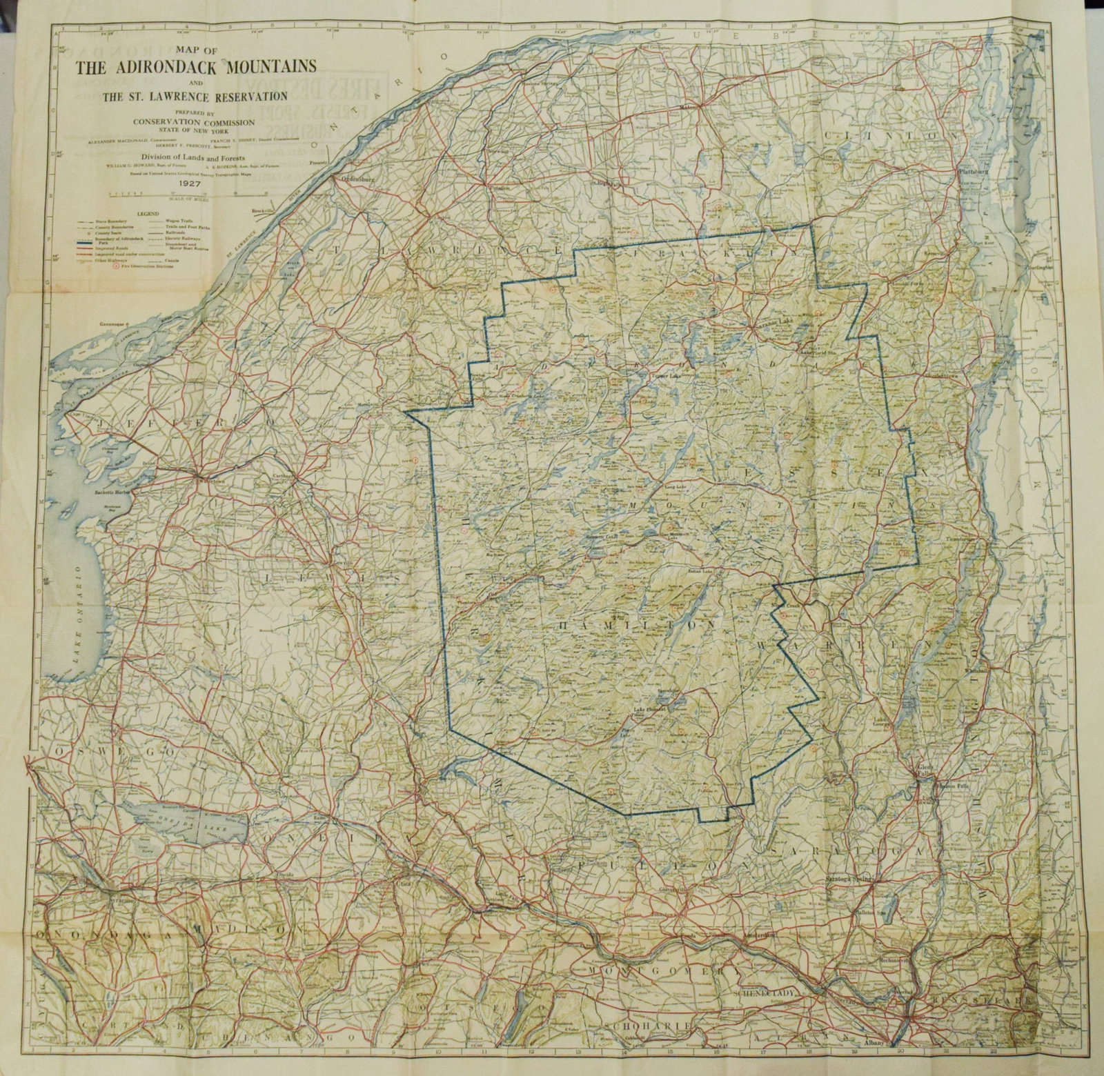 New York State Map from 1927 of the Adirondacks and St Lawrence Reservation: Title:New York State Map from 1927 of the Adirondacks and St Lawrence Reservation,li>Cartographer:State of New York Conservation Committee Year/Place:1927, Albany Map Dimension (in.):28.8 X 28.8 in.