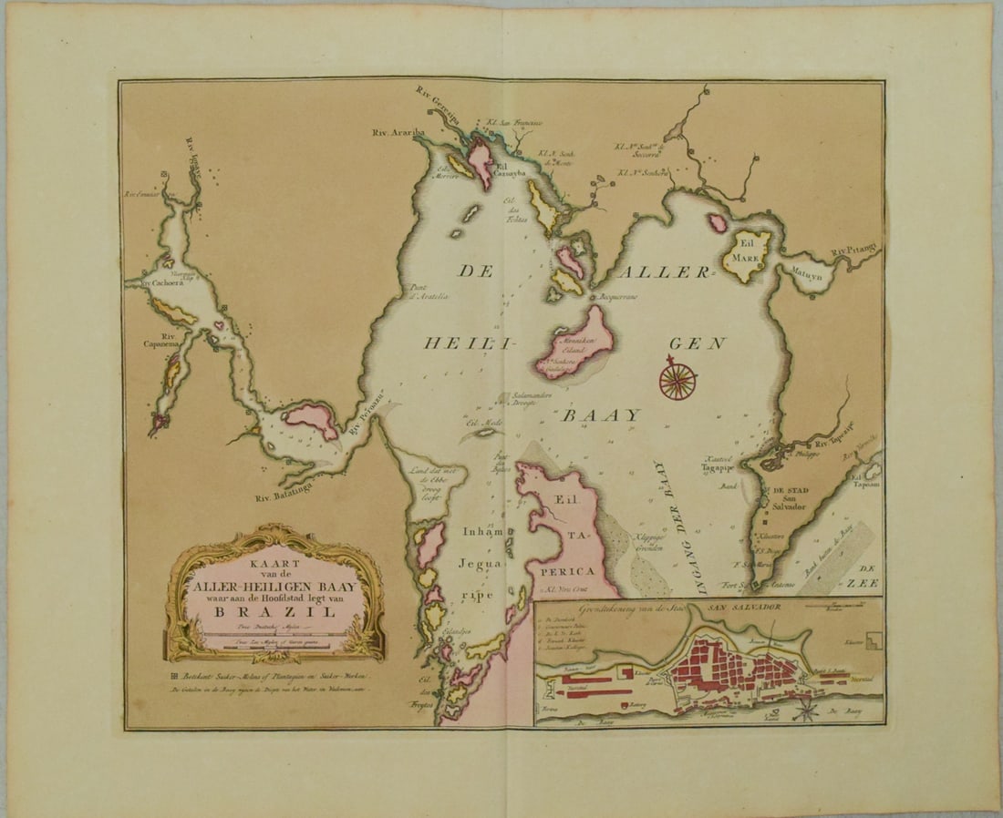 1769 Tirion Map of Brazil's San Salvador Bay and City -- Kaart van de Aller-Heiligen Baay waar aan: Title:1769 Tirion Map of Brazil's San Salvador Bay and City -- Kaart van de Aller-Heiligen Baay waar aan de Hoofdstad Legt van Brazil,li>Cartographer:I Tirion Year/Place:1769 c., Amsterdam Map Dimensi