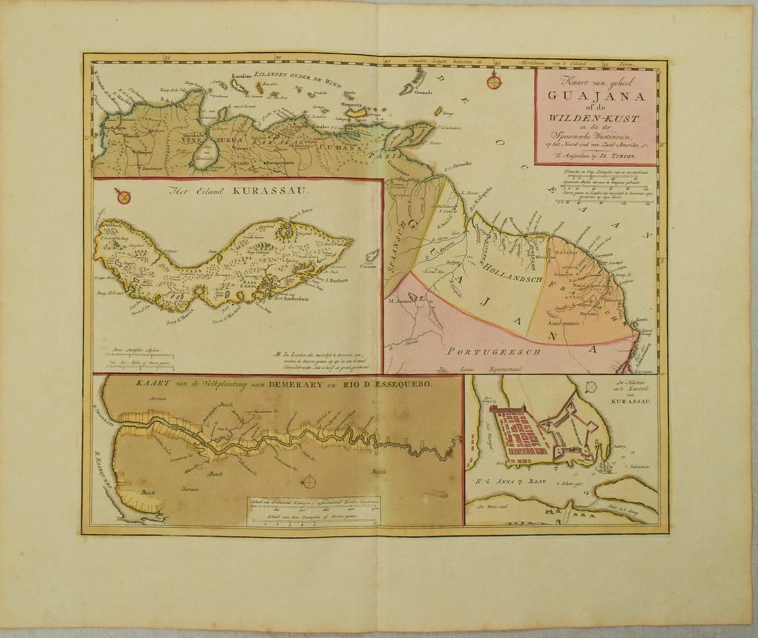 1769 Tirion Map of Northern South America and Curacao -- Kaart van Geheel Guajana of de Wilden-Kust,: Title:1769 Tirion Map of Northern South America and Curacao -- Kaart van Geheel Guajana of de Wilden-Kust, en die der Spaansche Westindien, op het Noord-end van Zuid-Amerika [on sheet with] Het